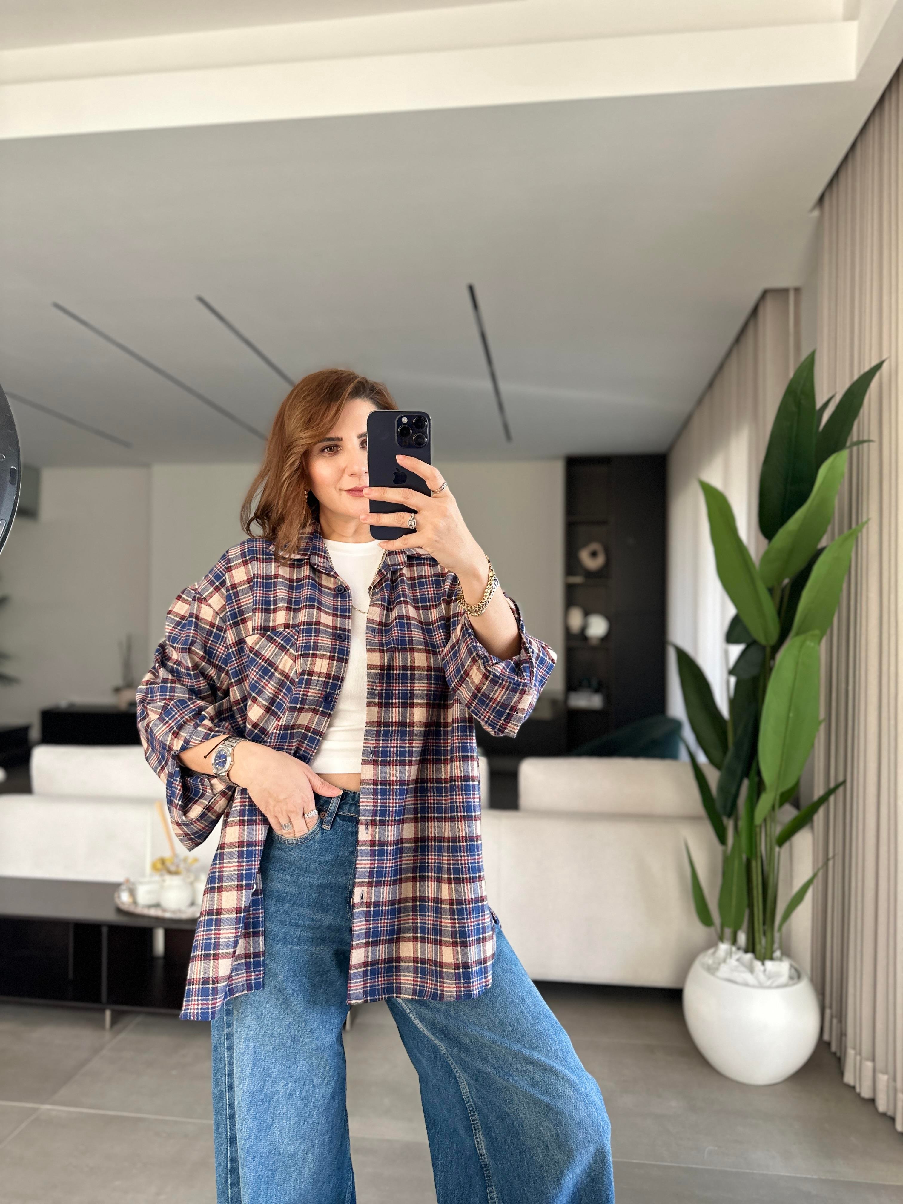 Lacivert Oversize Ekoseli Gömlek
