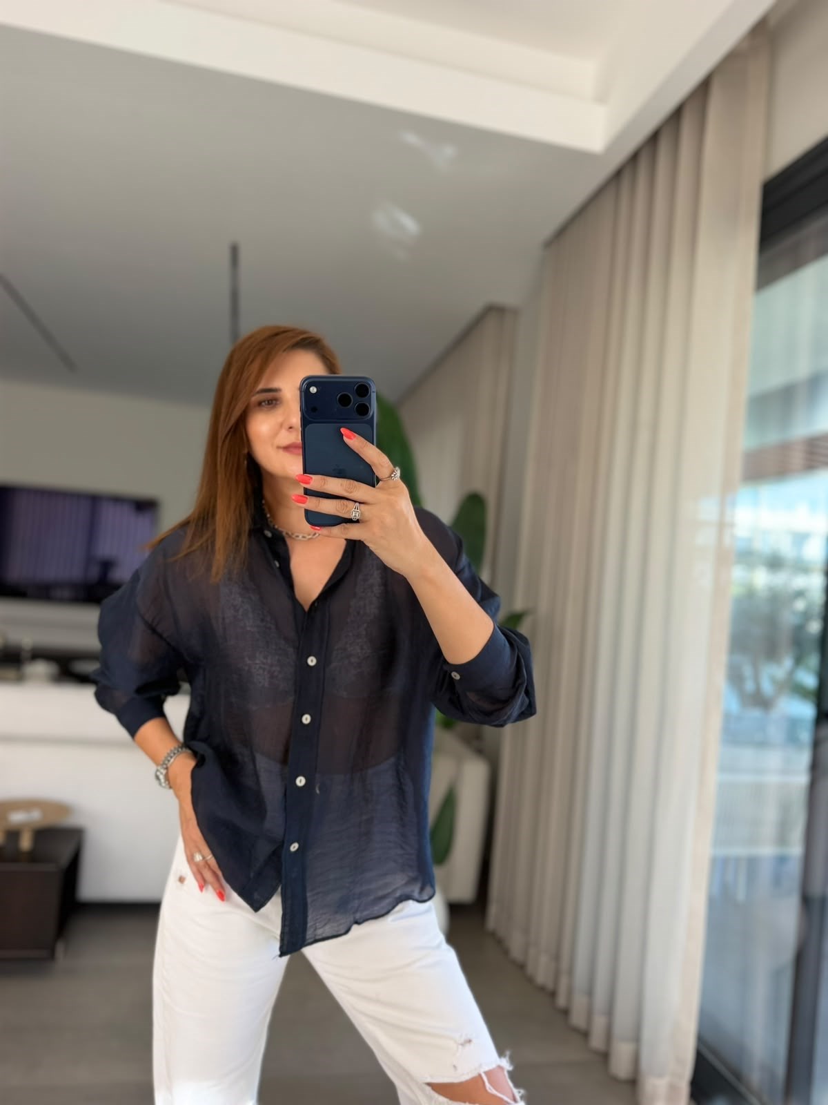Lacivert Oversize İpeksi Gömlek