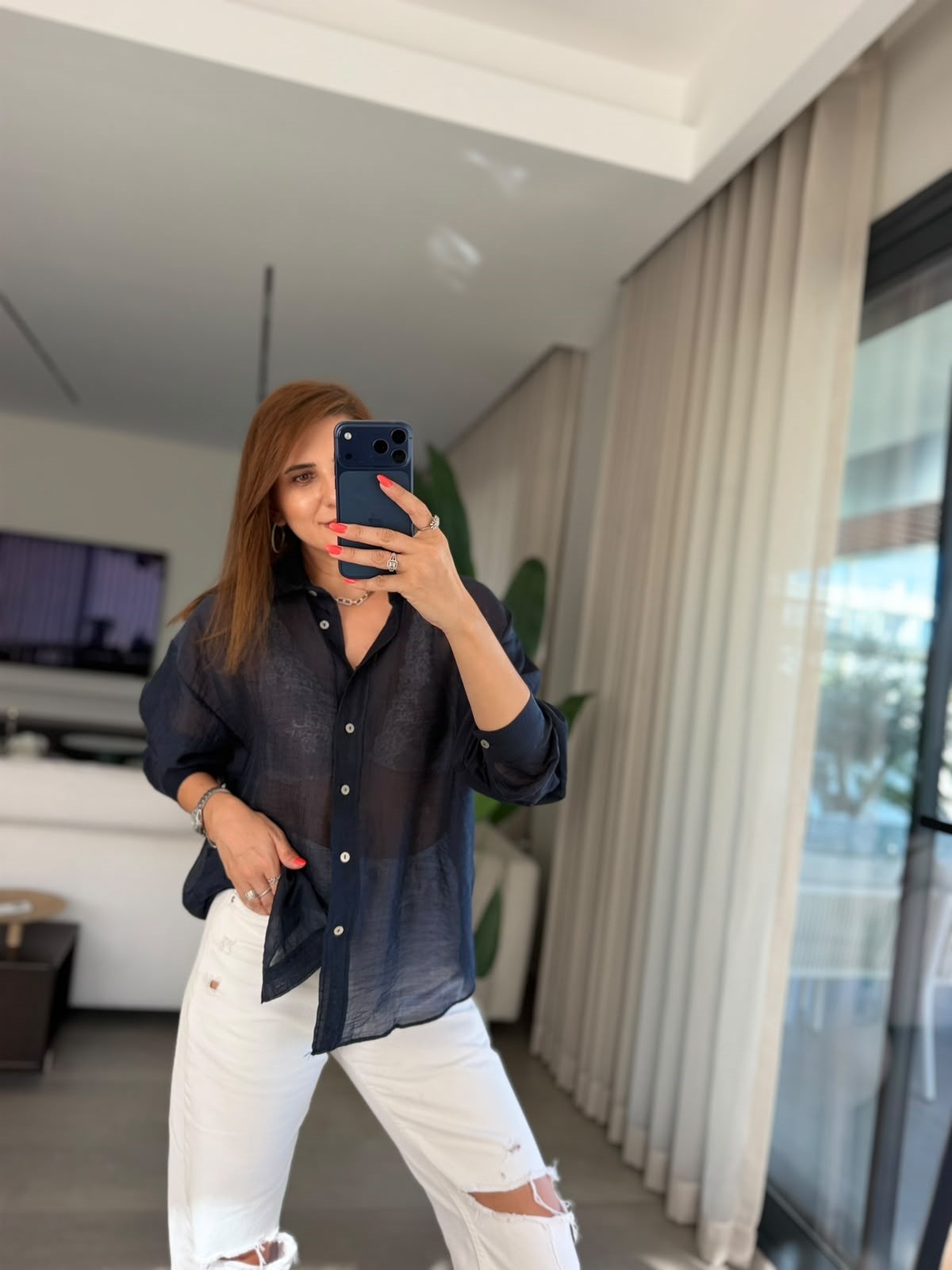 Lacivert Oversize İpeksi Gömlek