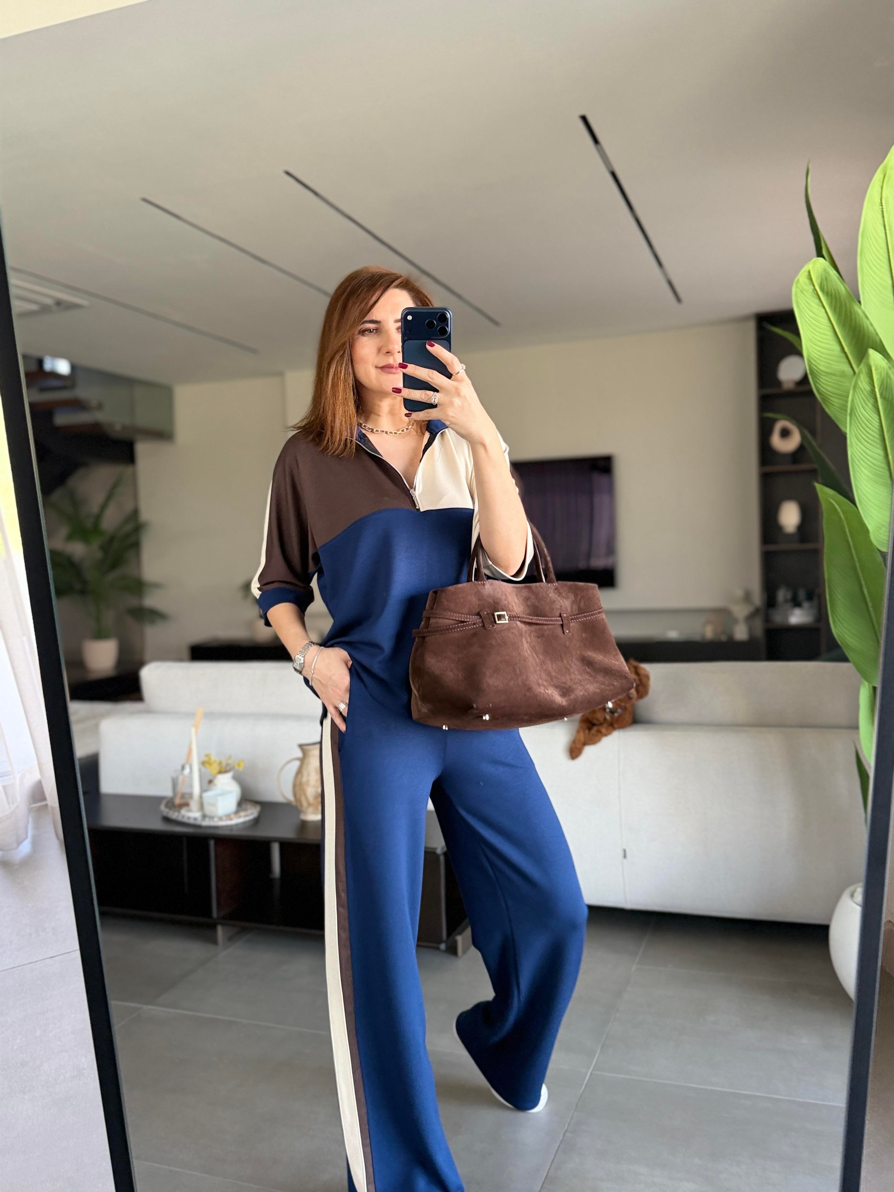 Lacivert Parçalı Yaka Fermuarlı Takım