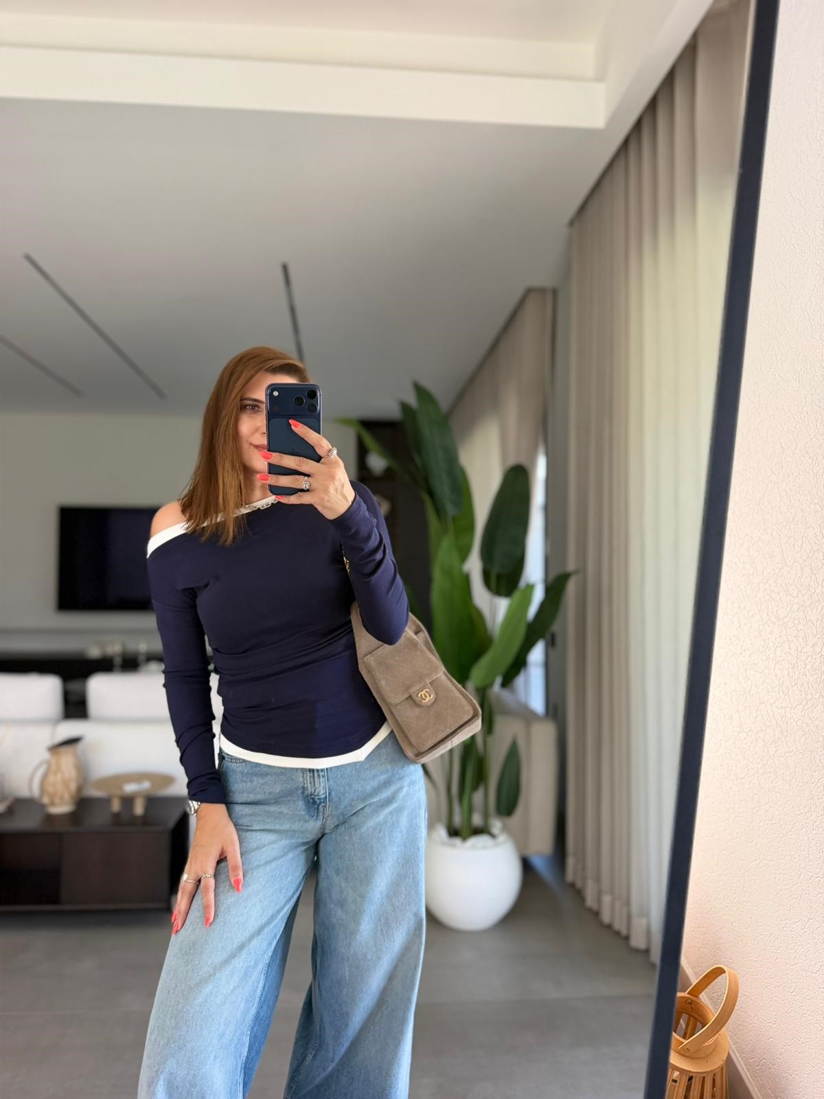 Lacivert Paris Kontrast Biyeli Bluz