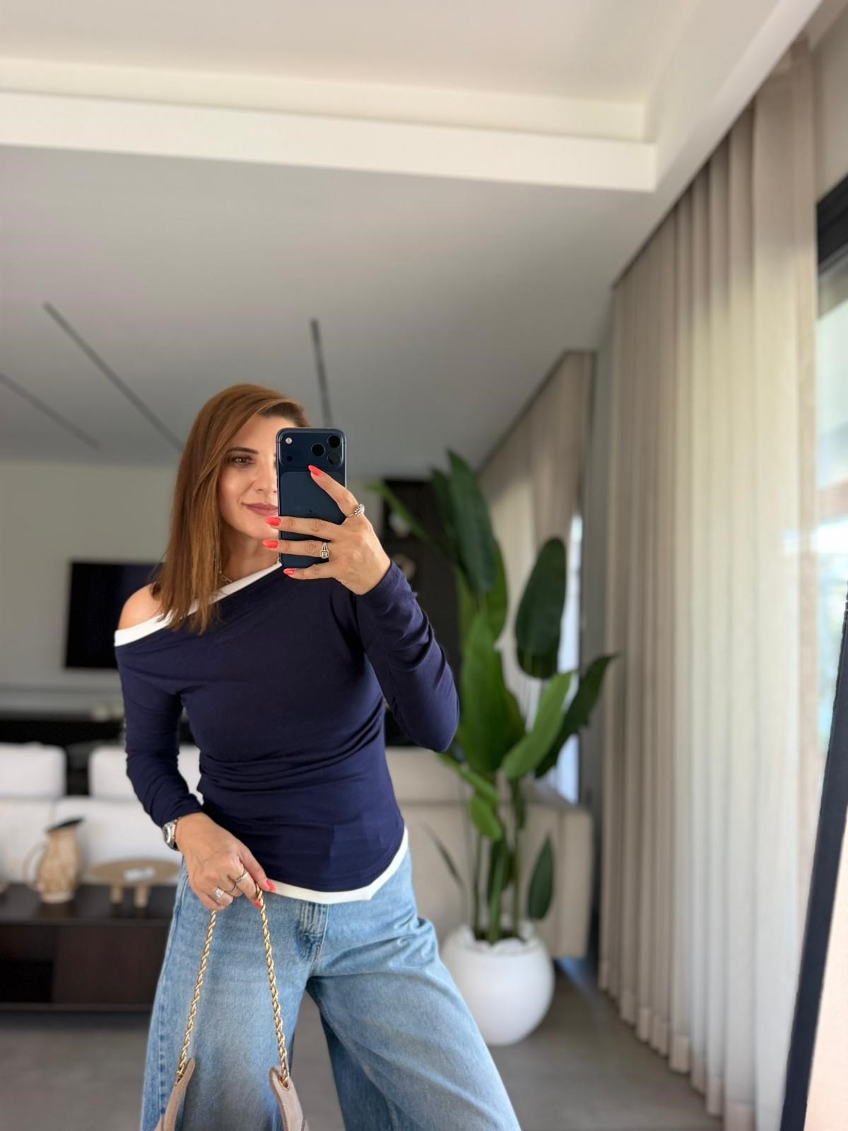 Lacivert Paris Kontrast Biyeli Bluz
