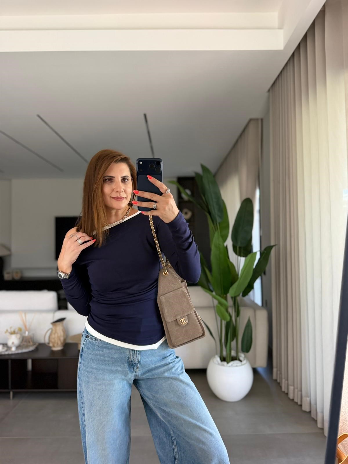 Lacivert Paris Kontrast Biyeli Bluz