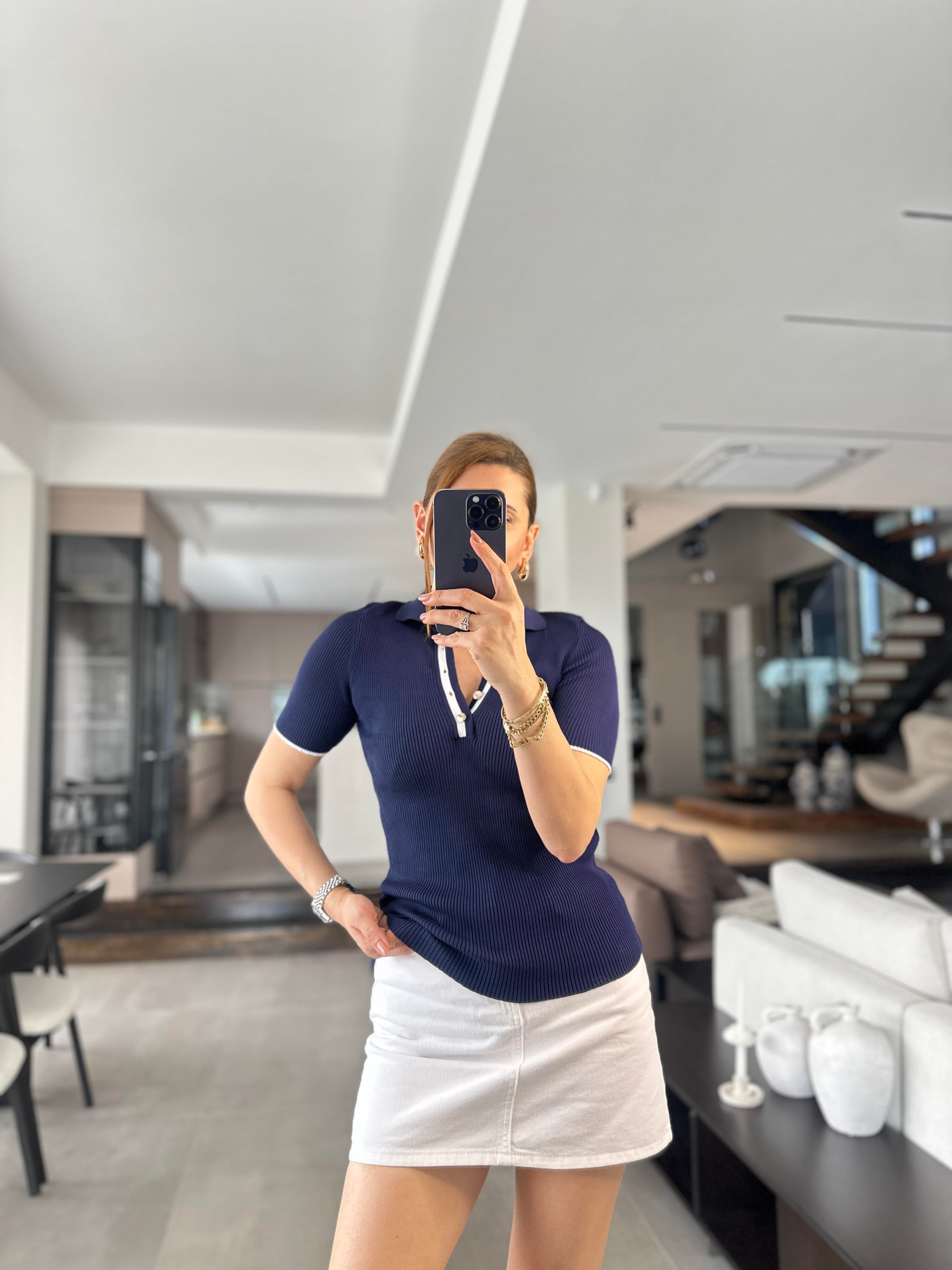 Lacivert Polo Yaka Fitilli Bluz