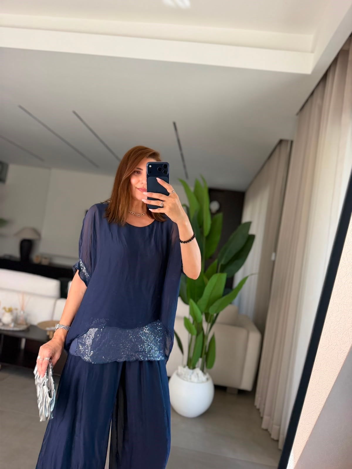 Lacivert Pul Detaylı Şifon Takım
