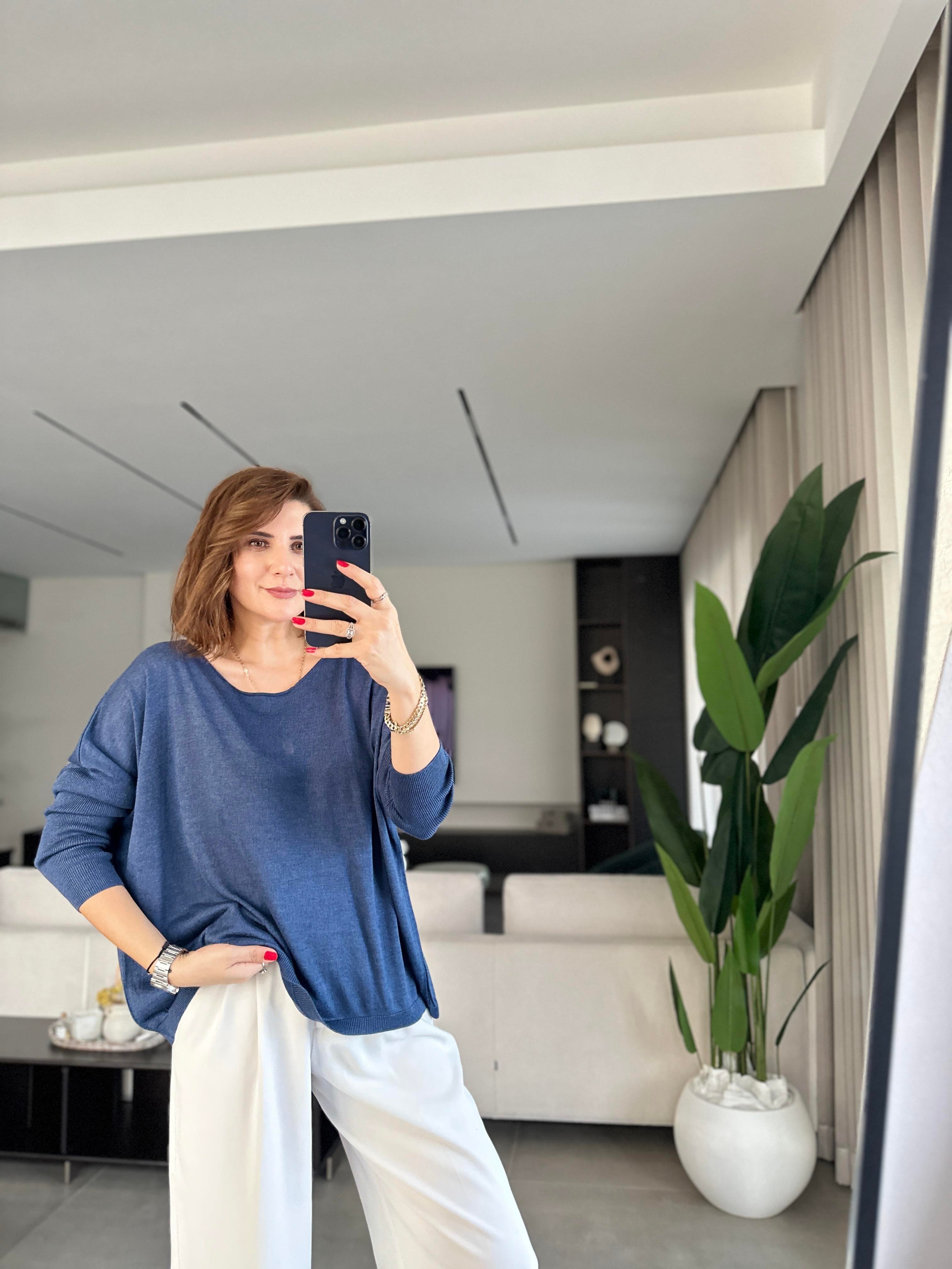 Lacivert Rozal Kol Lastik Detaylı Bluz