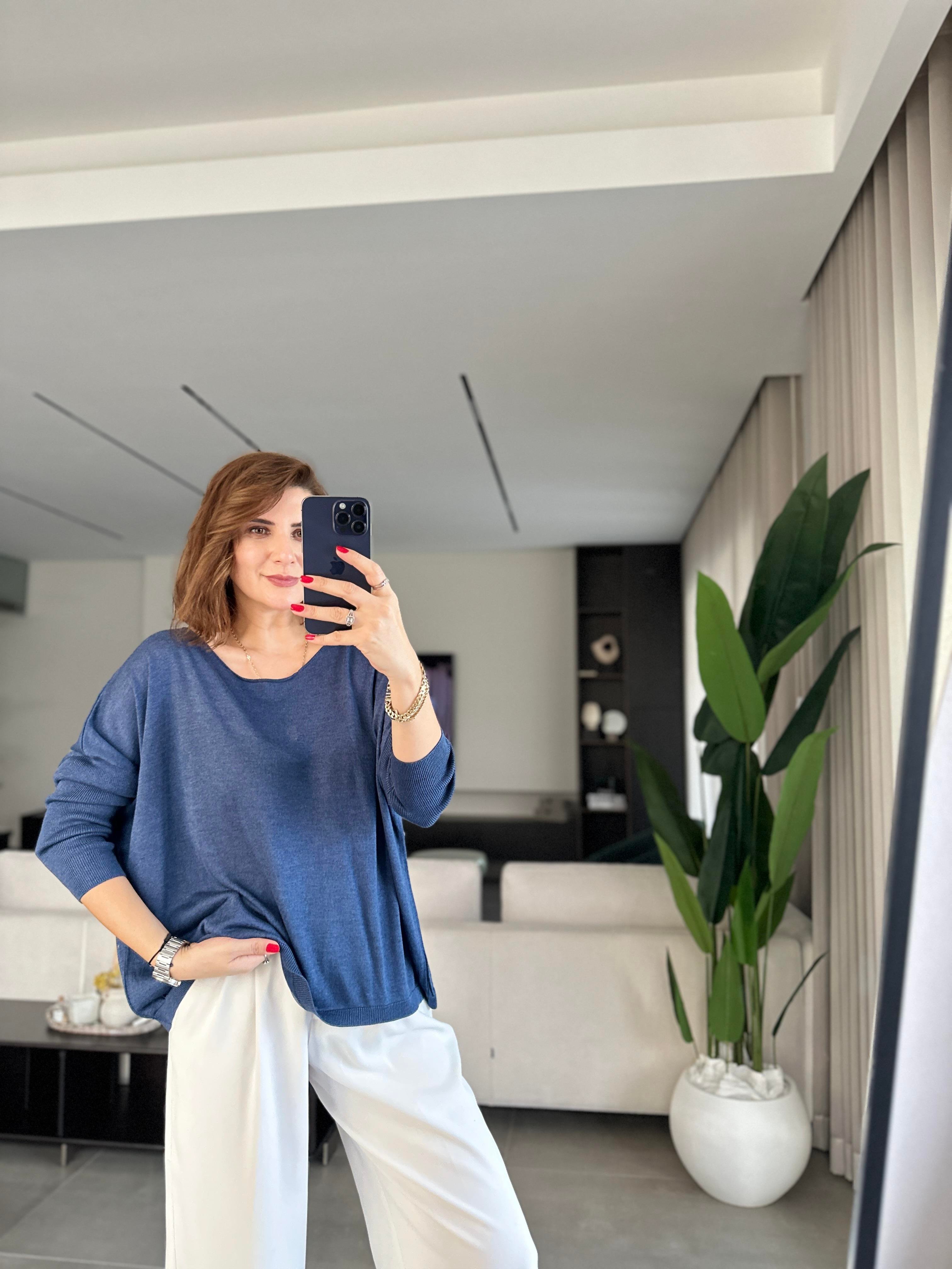 Lacivert Rozal Kol Lastik Detaylı Bluz