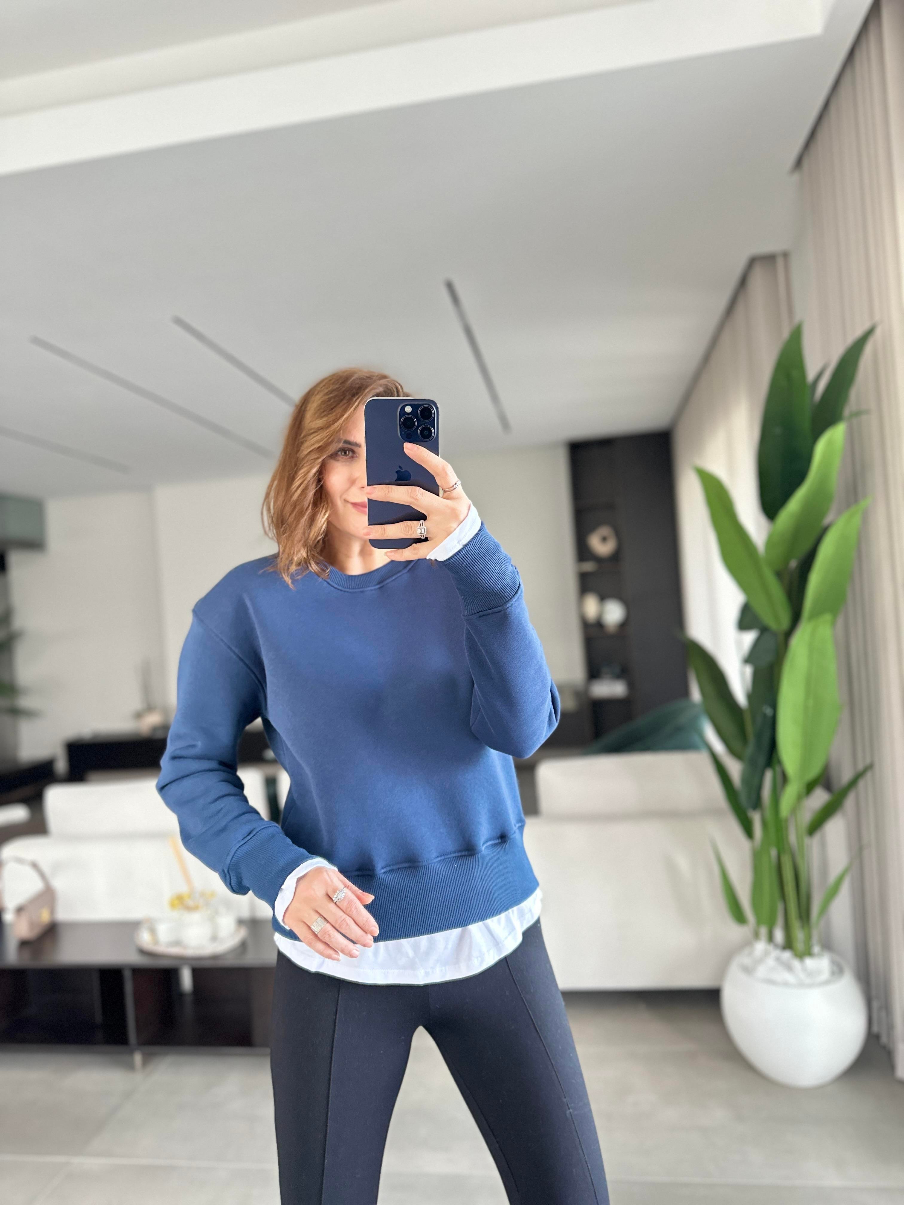 Lacivert T-shirt Görünümlü Üç İplik Sweat