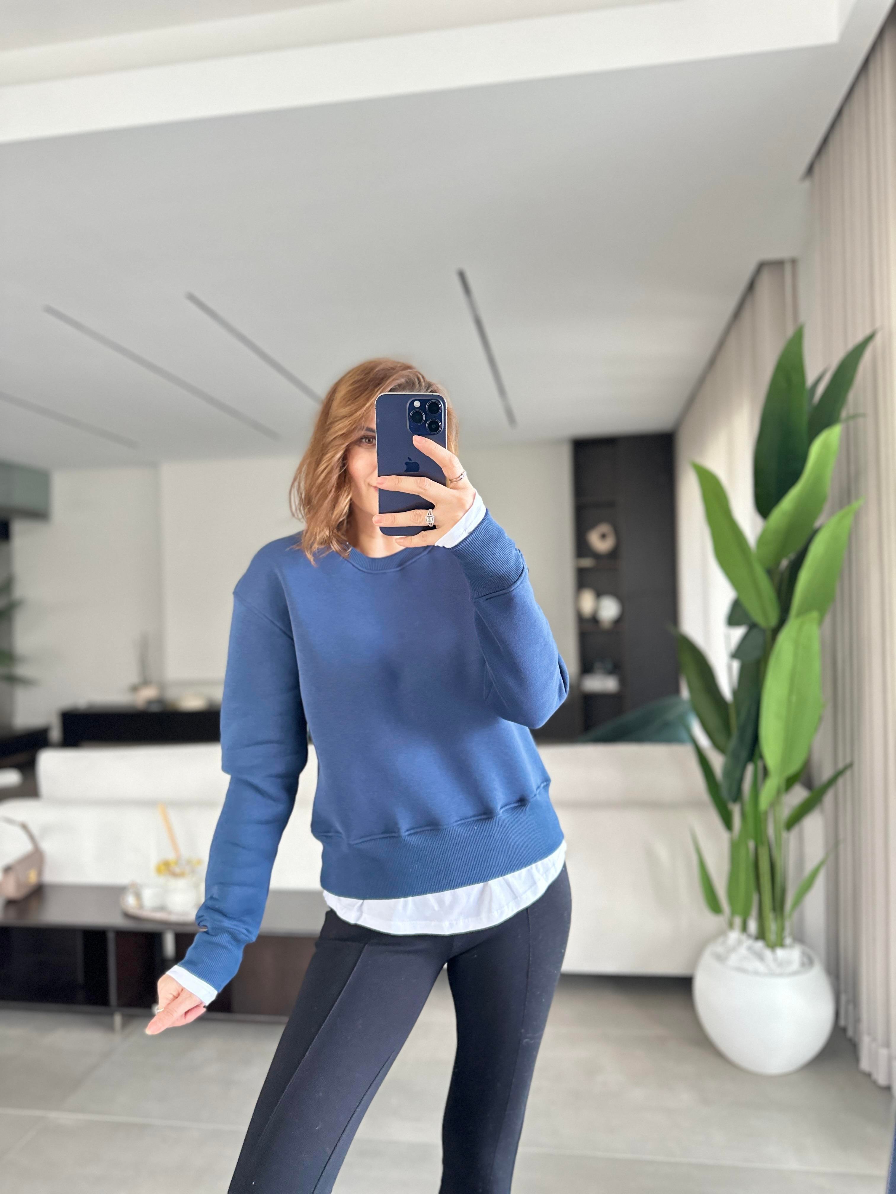 Lacivert T-shirt Görünümlü Üç İplik Sweat