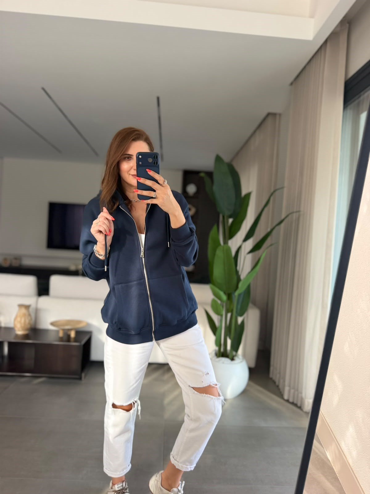 Lacivert Üç İplik Kapşonlu Oversize Ceket