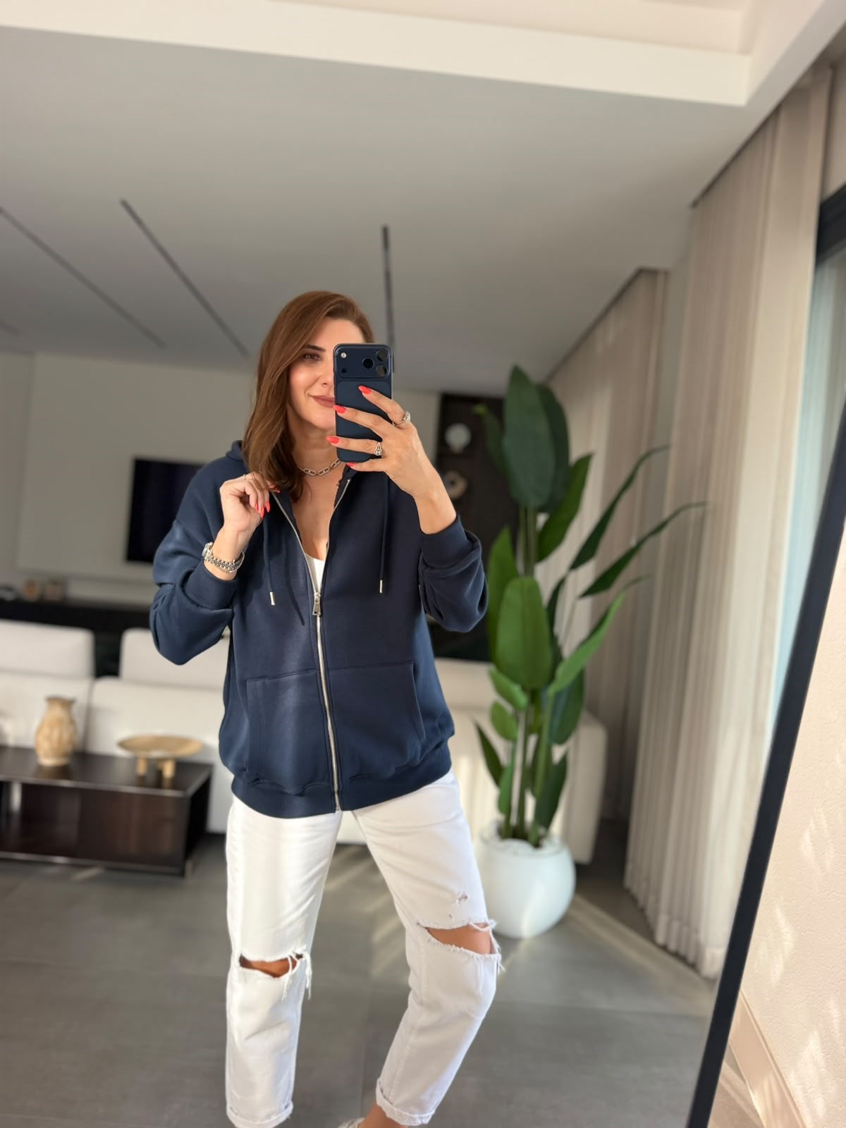 Lacivert Üç İplik Kapşonlu Oversize Ceket