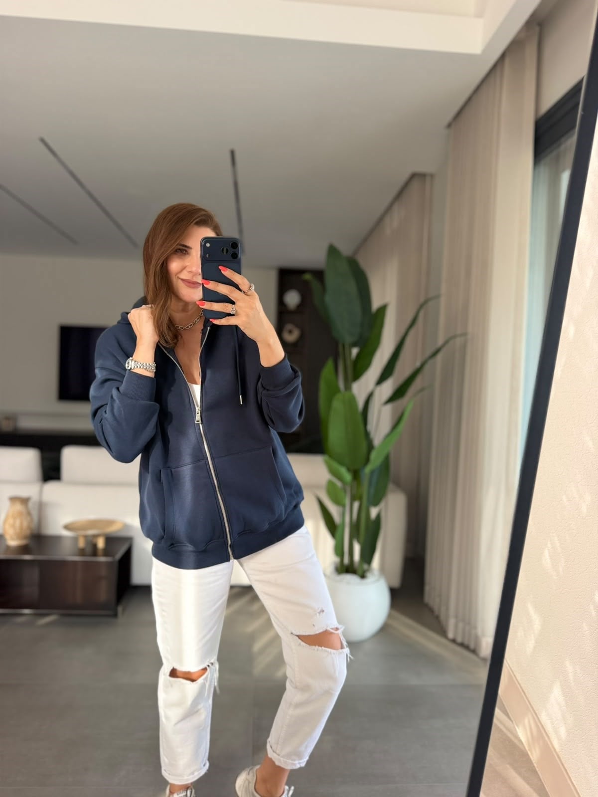 Lacivert Üç İplik Kapşonlu Oversize Ceket