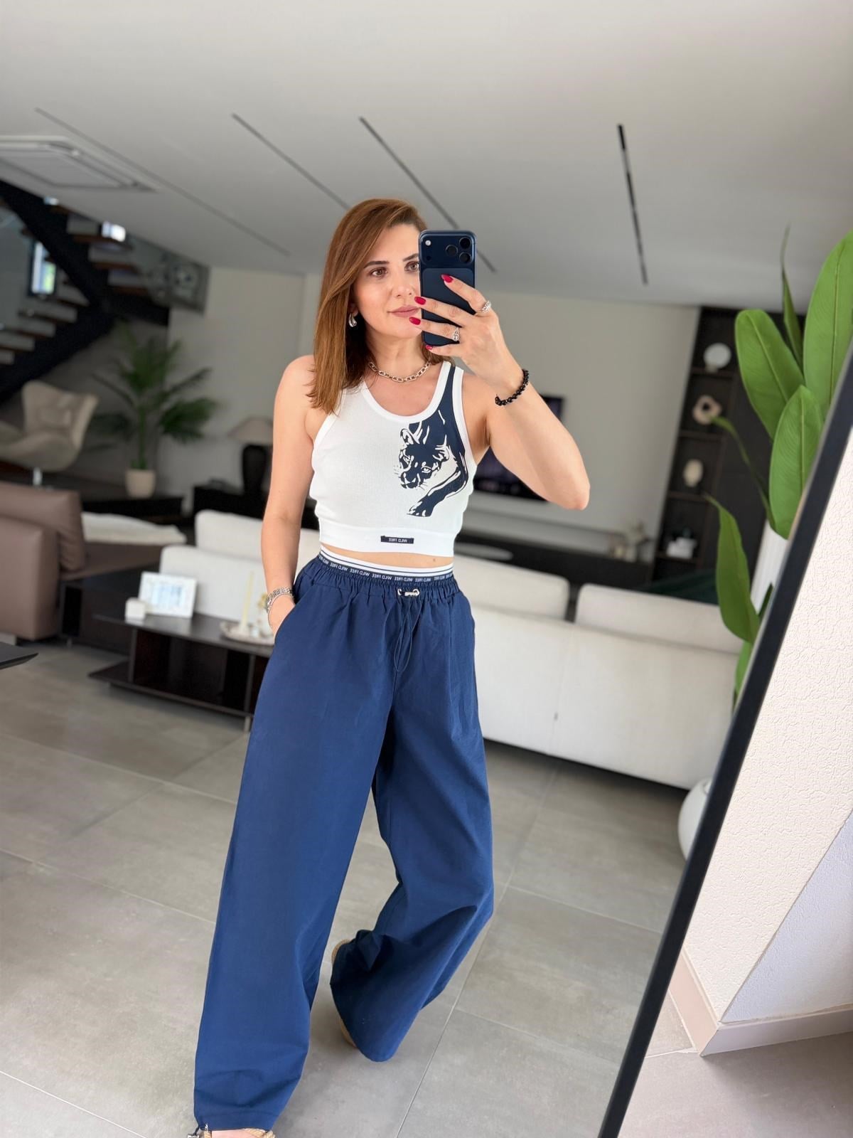 Lacivert Üst Crop Paça Lastik Detay Pantolon Takım