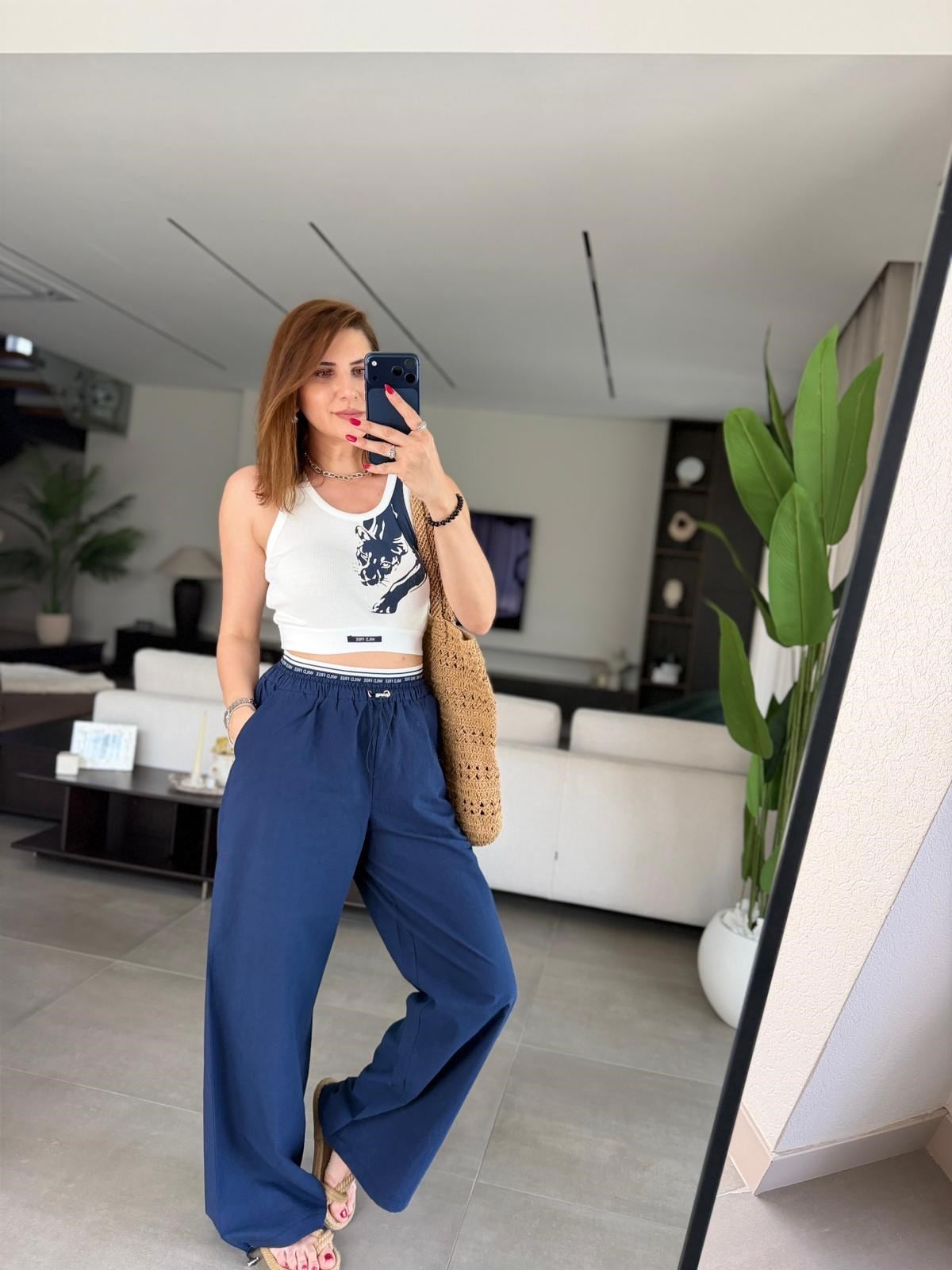Lacivert Üst Crop Paça Lastik Detay Pantolon Takım