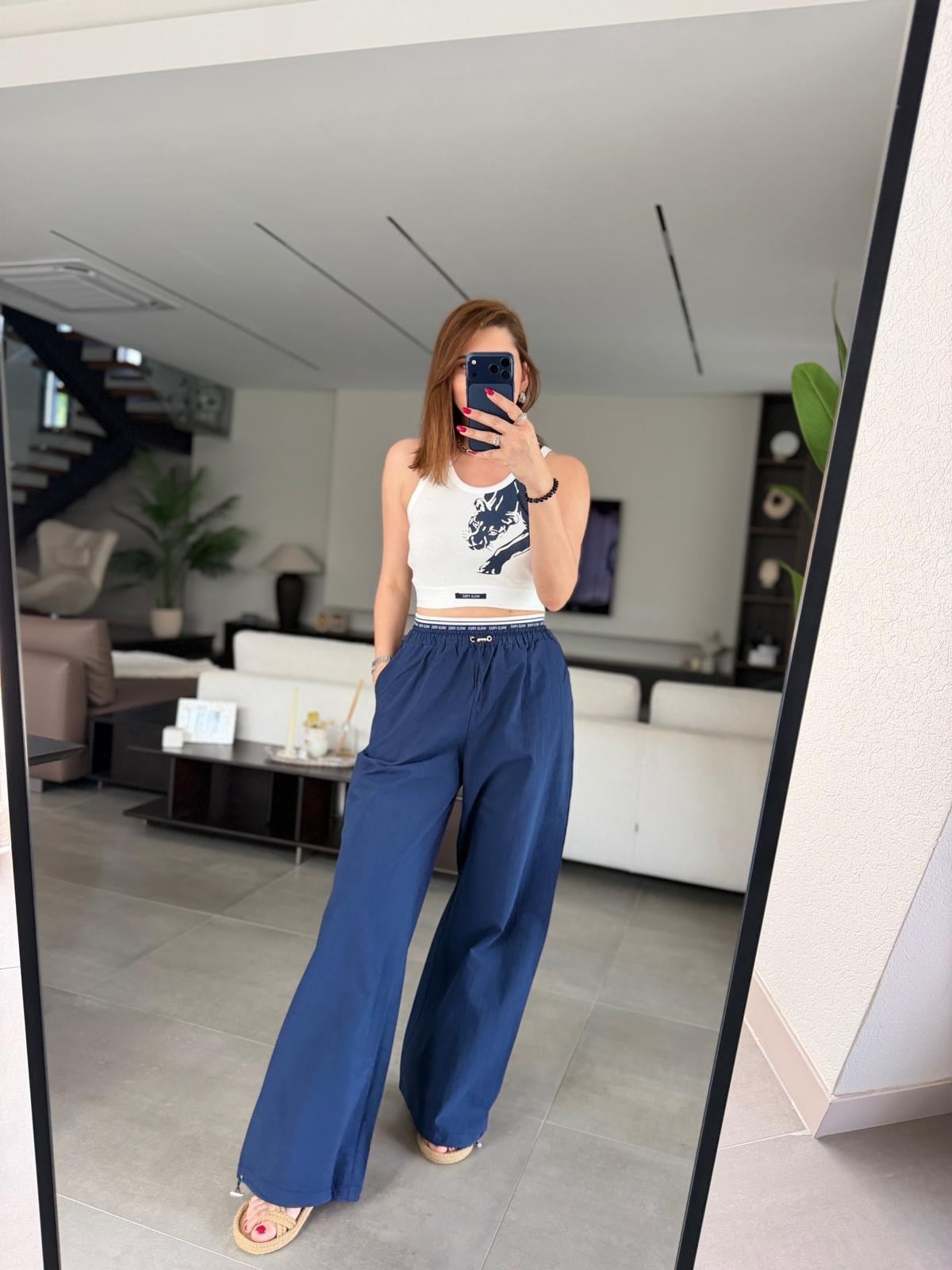 Lacivert Üst Crop Paça Lastik Detay Pantolon Takım