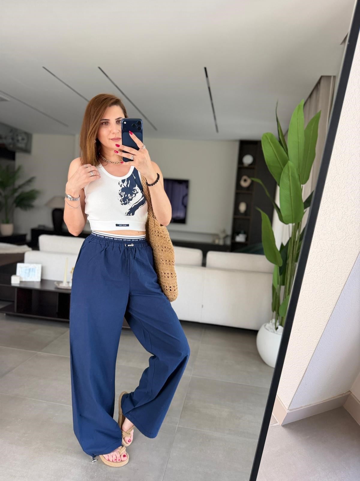 Lacivert Üst Crop Paça Lastik Detay Pantolon Takım