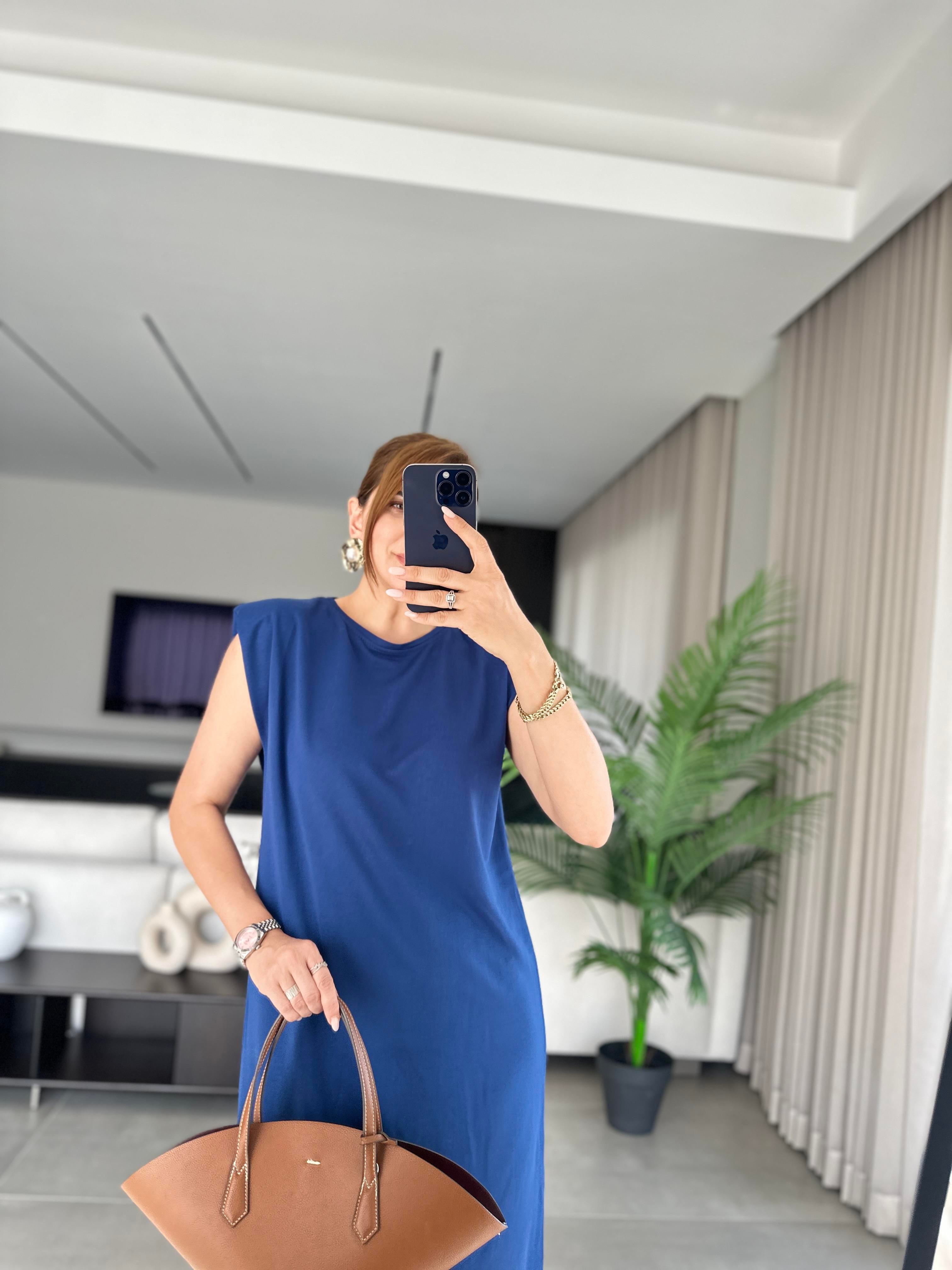 Lacivert Vatkalı Basic Elbise