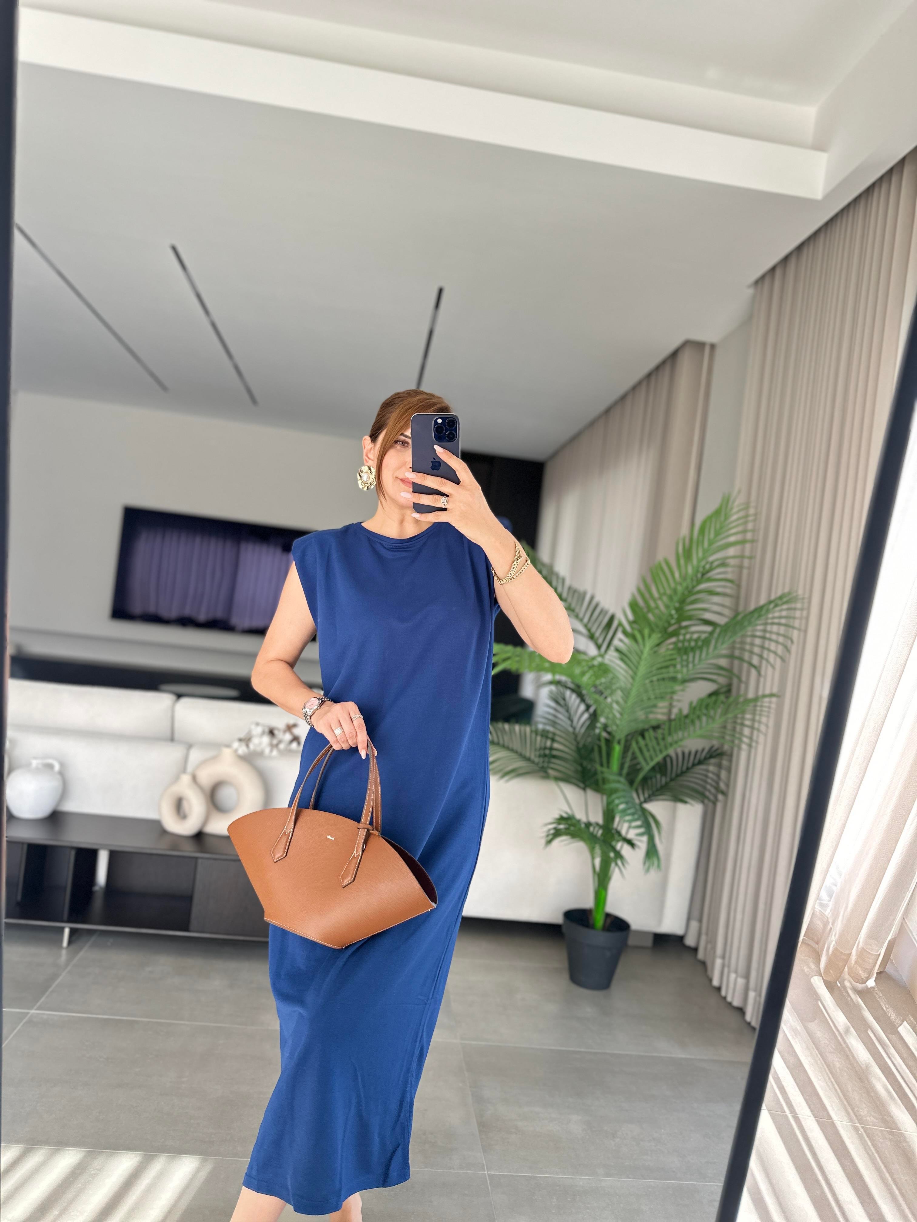 Lacivert Vatkalı Basic Elbise