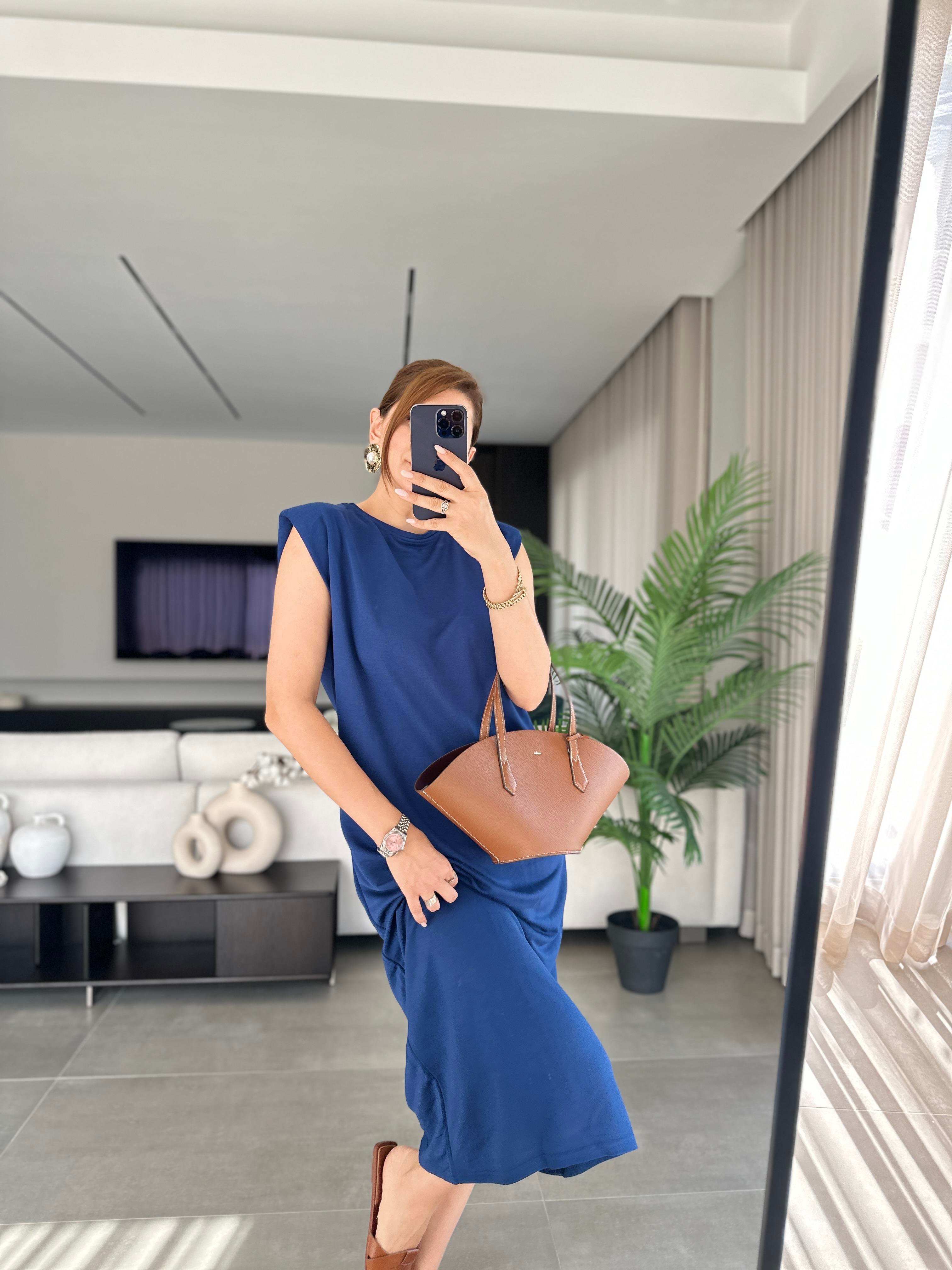 Lacivert Vatkalı Basic Elbise