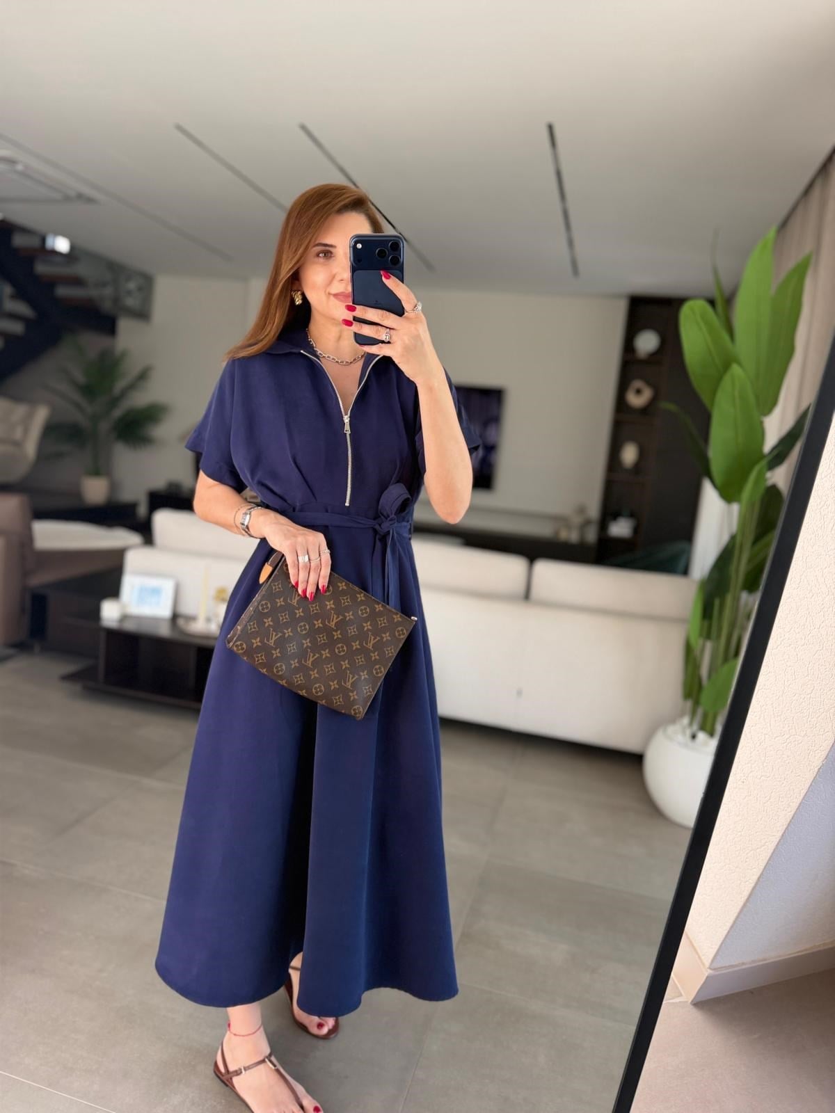 Lacivert Yakası Fermuar Detay Tencel Elbise