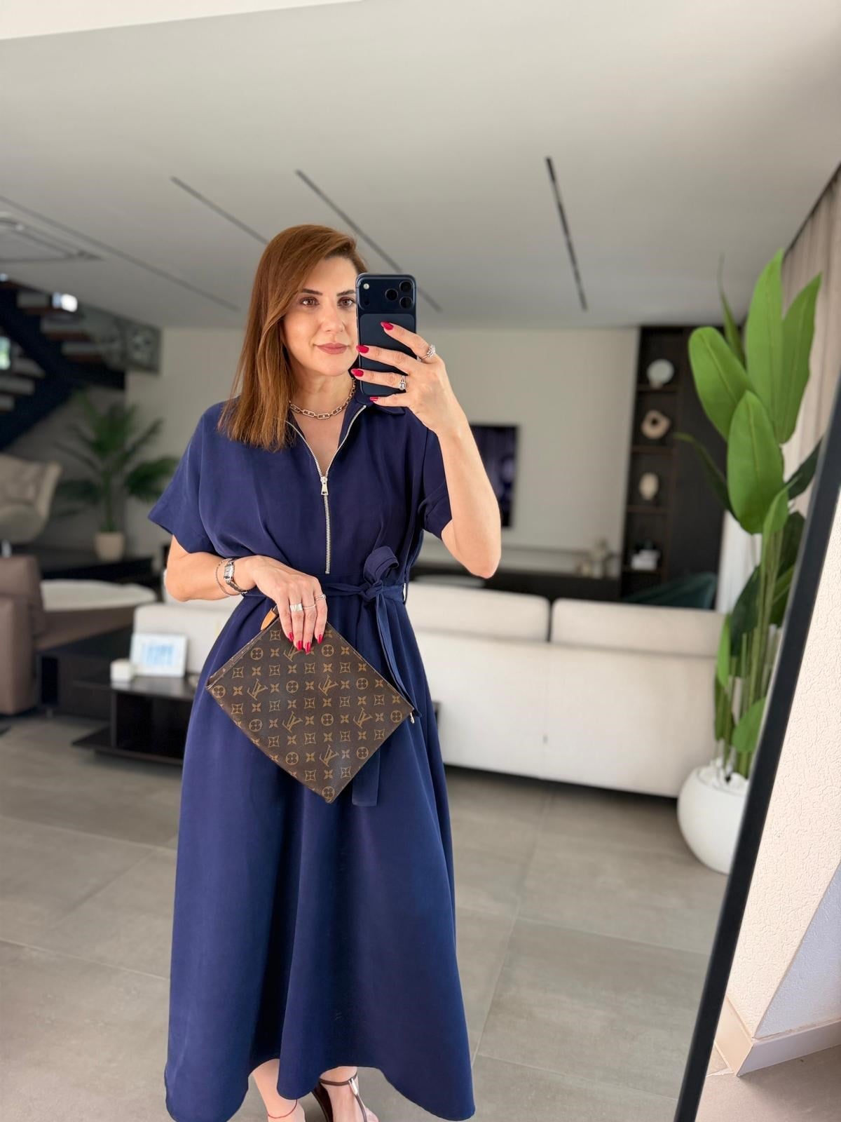 Lacivert Yakası Fermuar Detay Tencel Elbise