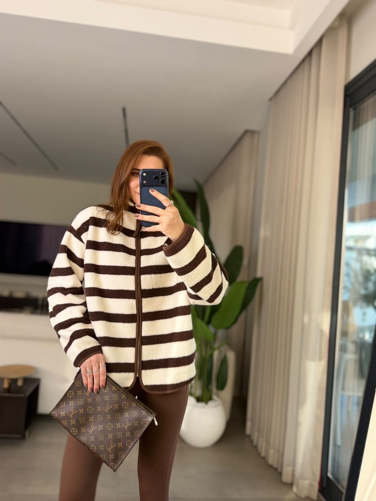 Latte Çizgili Fermuar Polar Ceket