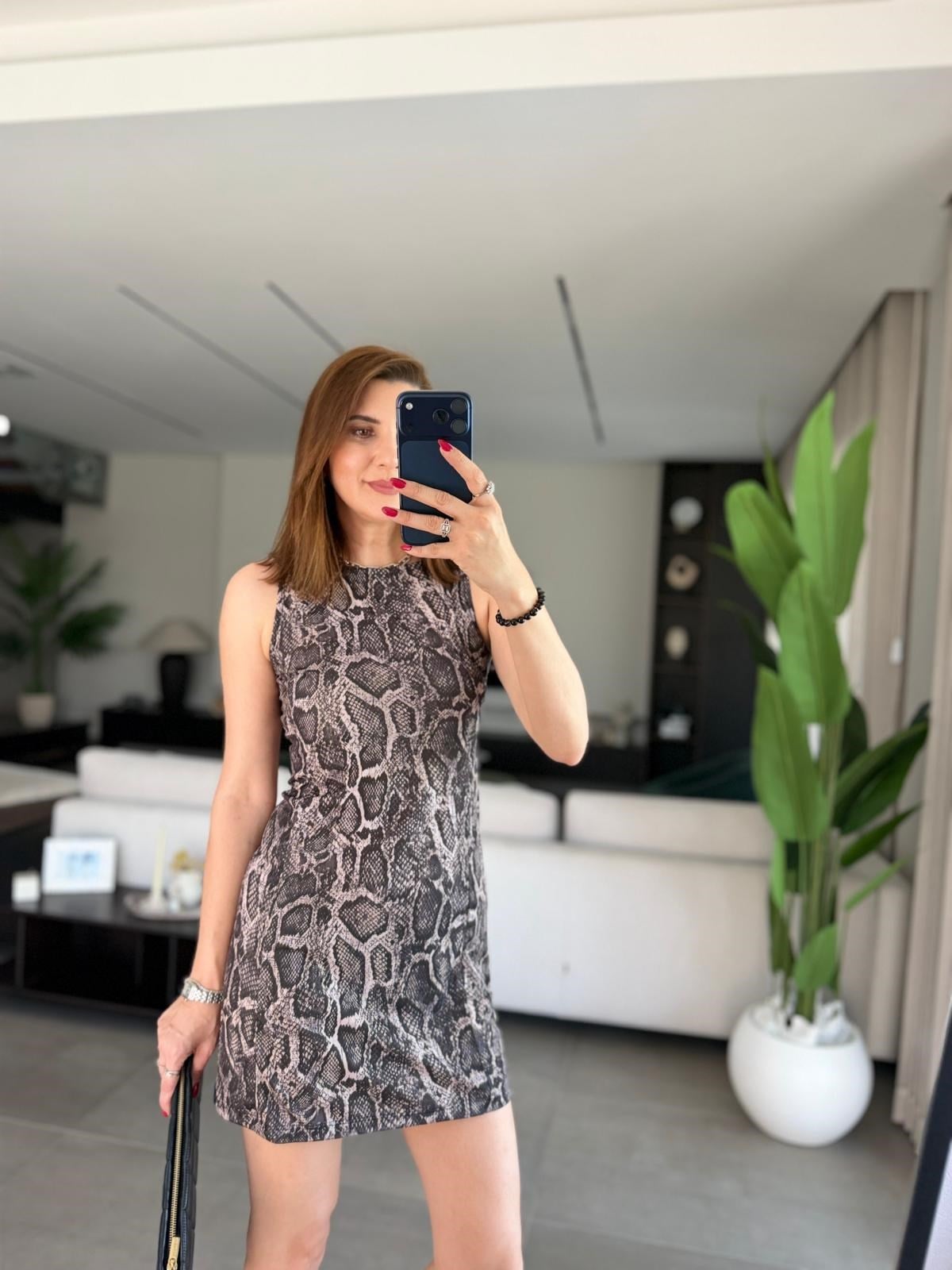 Leopar Desen Arka Fermuarlı Kısa Elbise