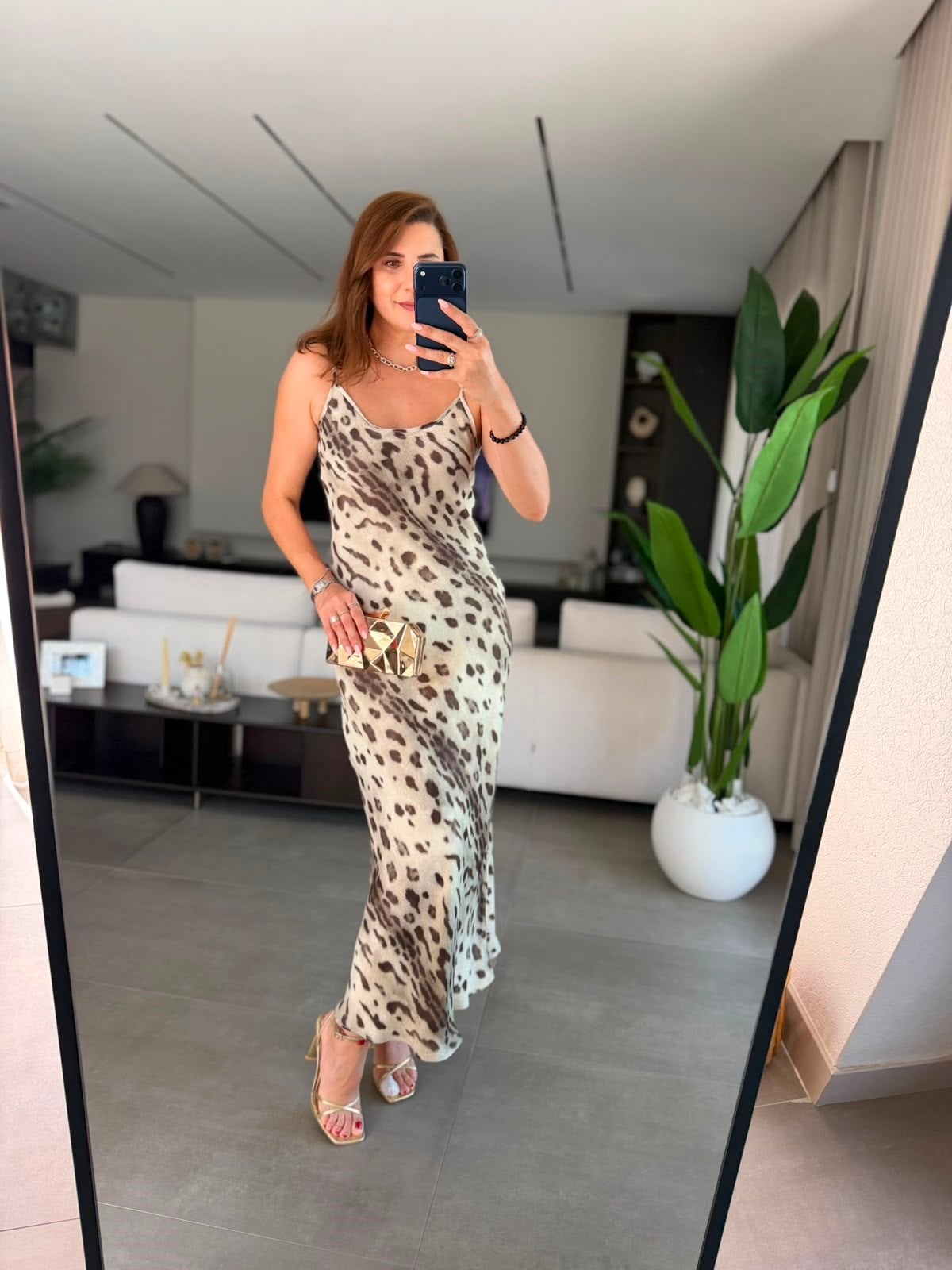 Leopar Saten Askılı Elbise