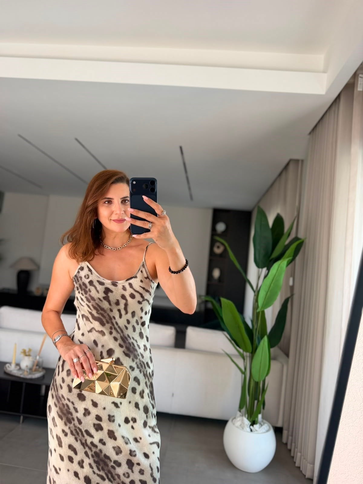 Leopar Saten Askılı Elbise