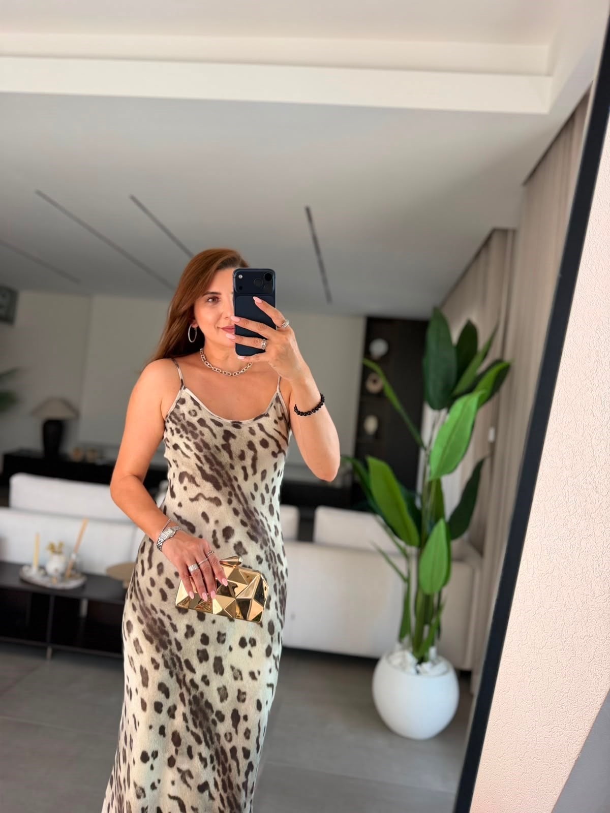 Leopar Saten Askılı Elbise