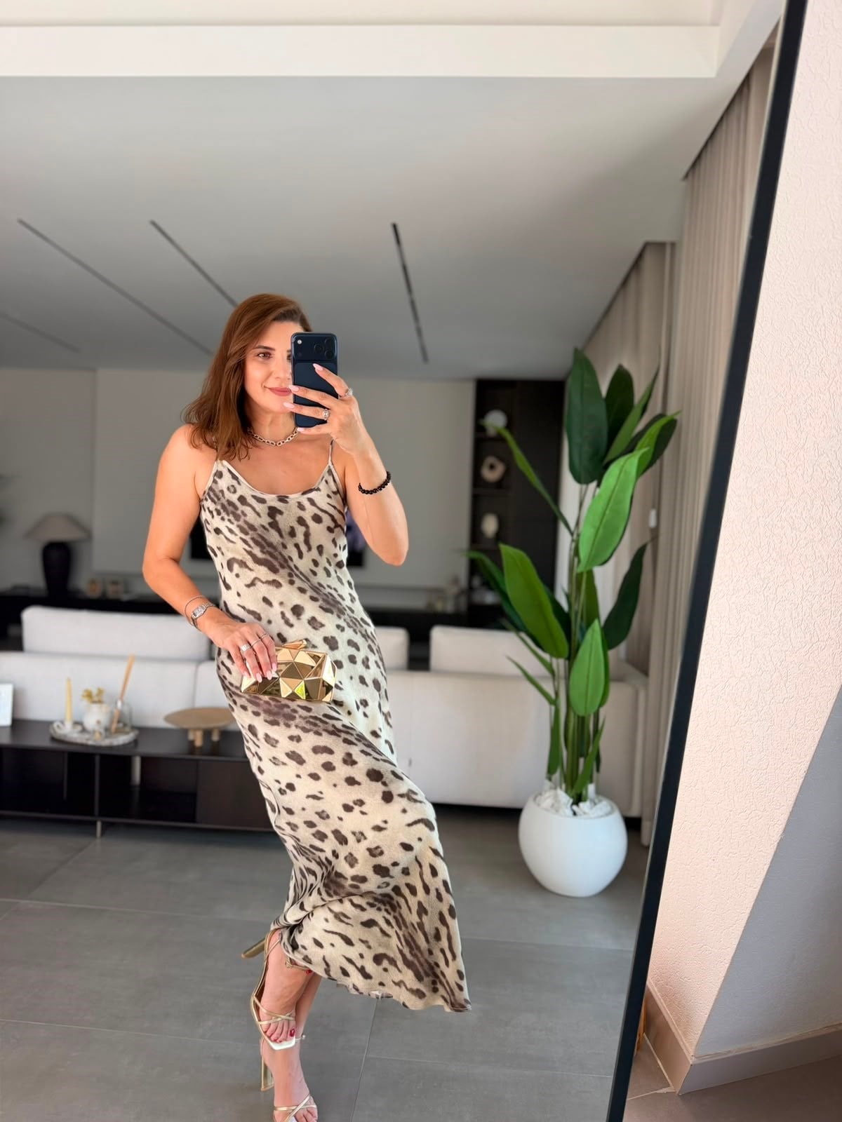 Leopar Saten Askılı Elbise