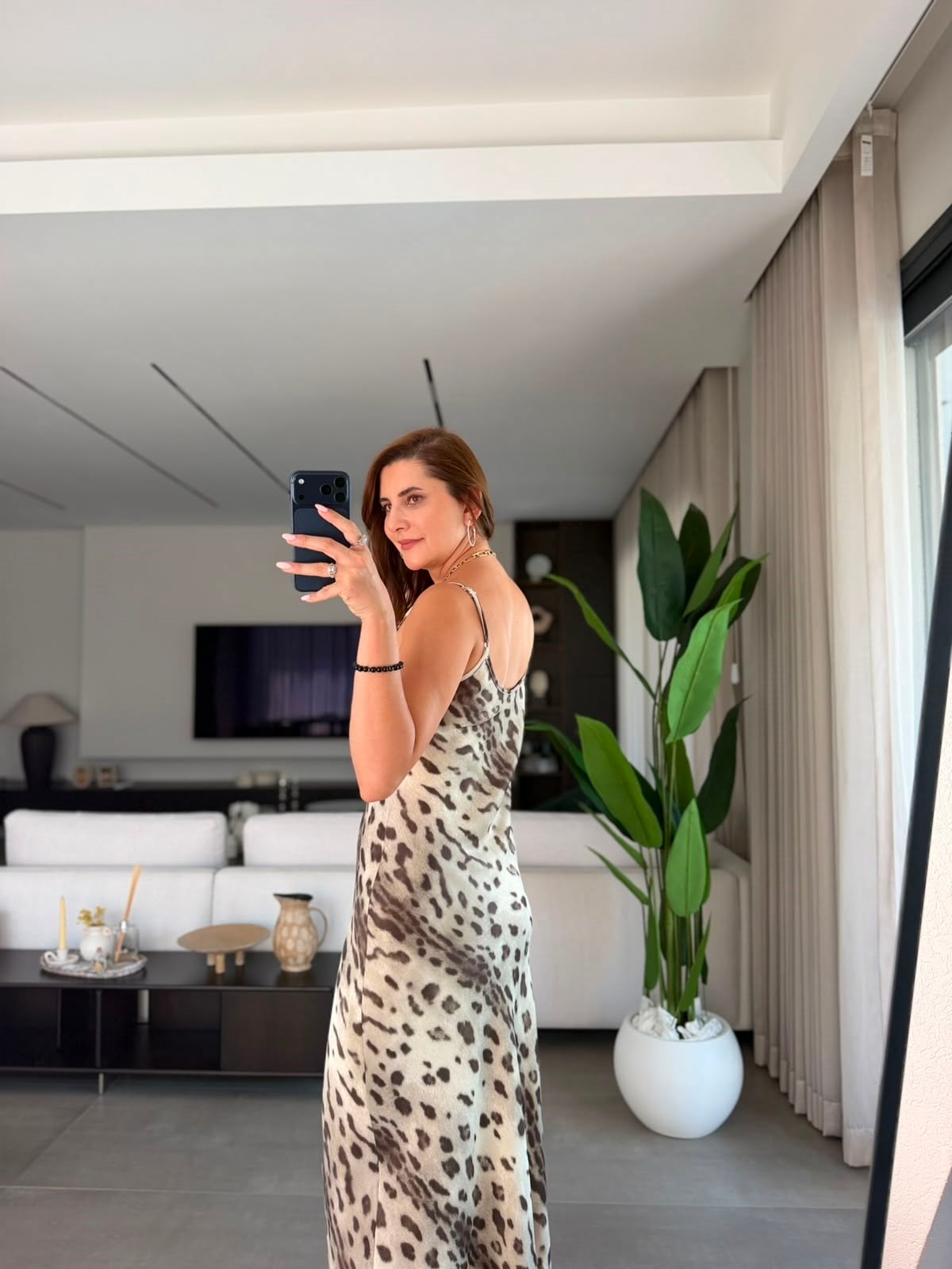 Leopar Saten Askılı Elbise
