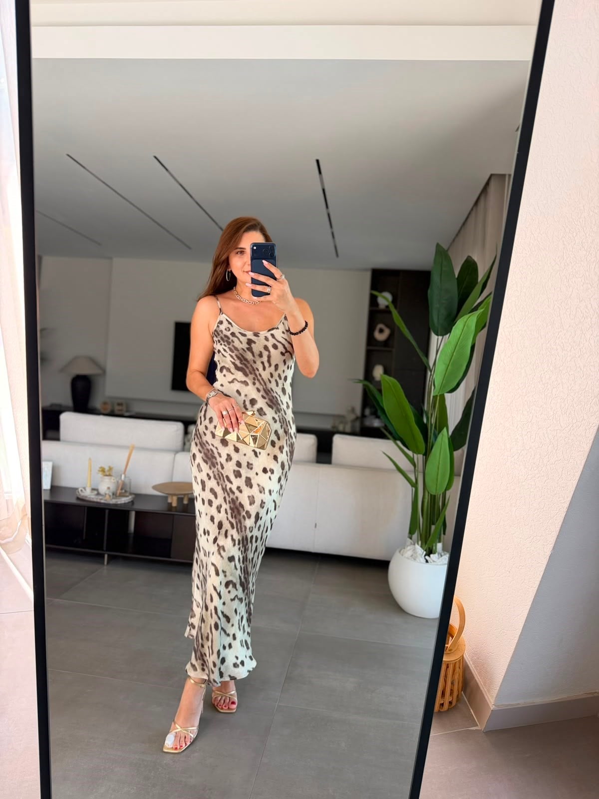 Leopar Saten Askılı Elbise