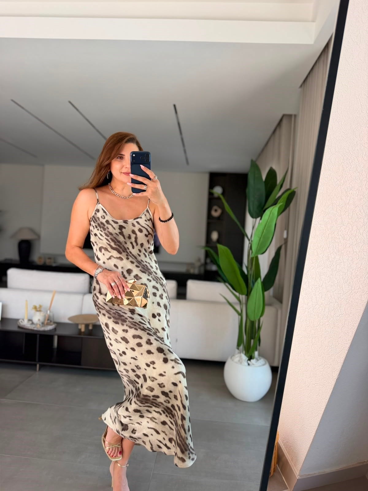Leopar Saten Askılı Elbise