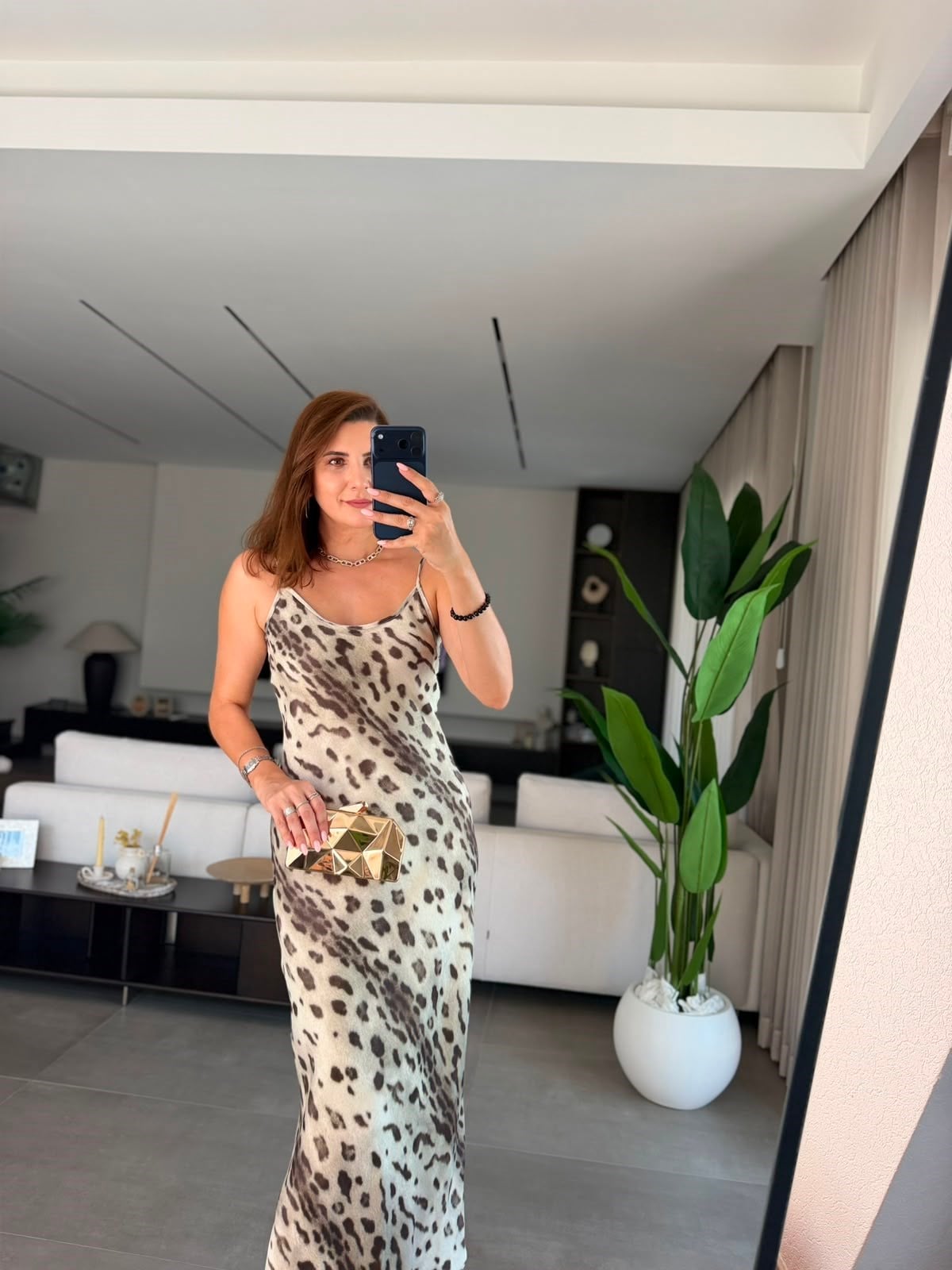 Leopar Saten Askılı Elbise