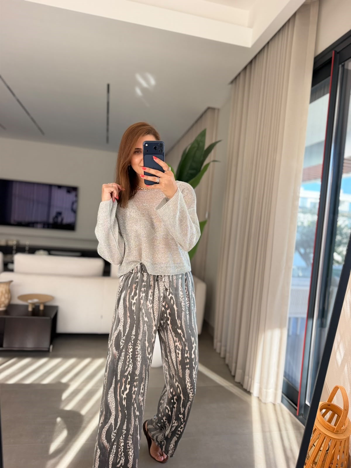 Leopar Saten Bel Bağlamalı Pantolon