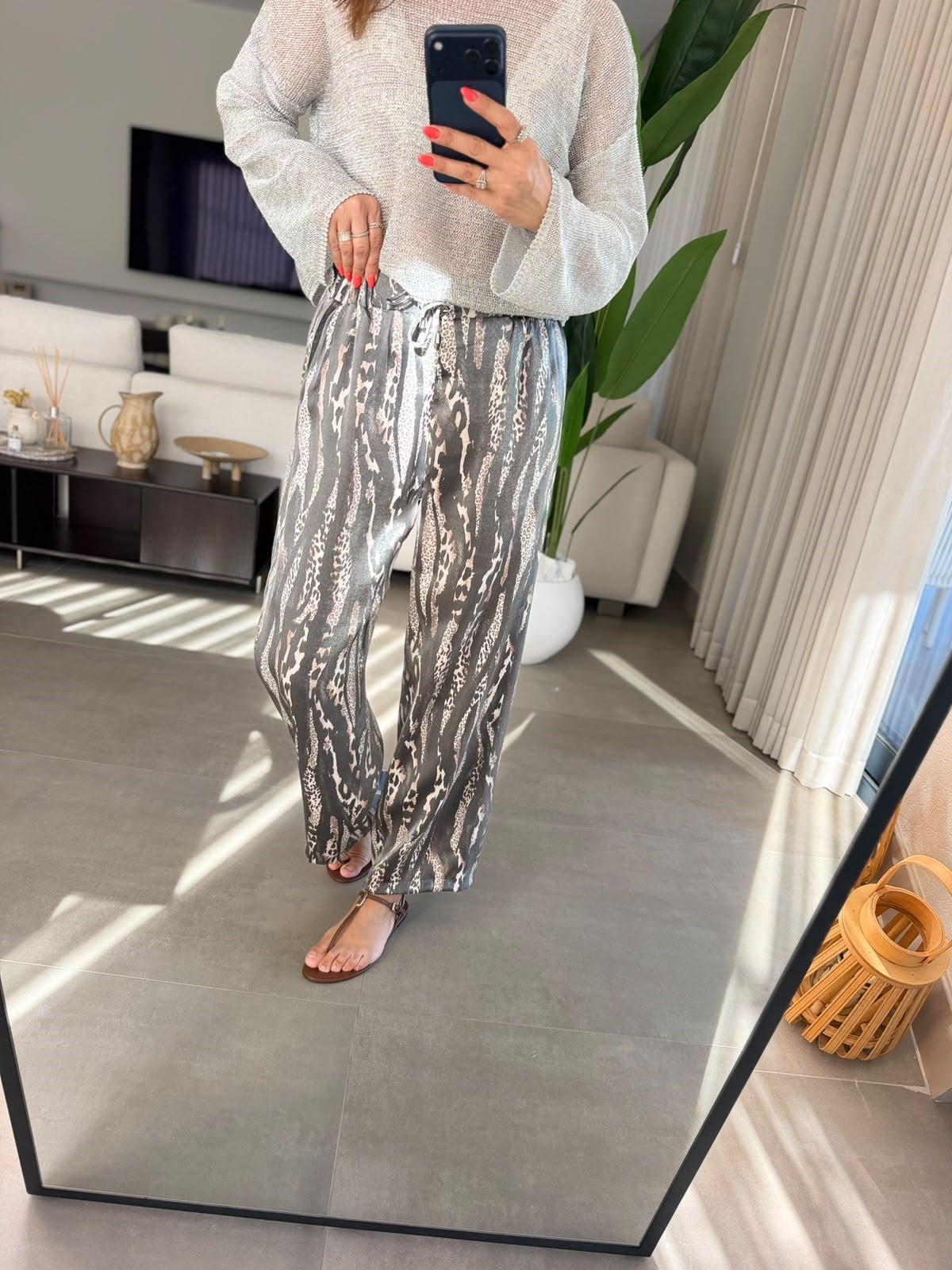 Leopar Saten Bel Bağlamalı Pantolon