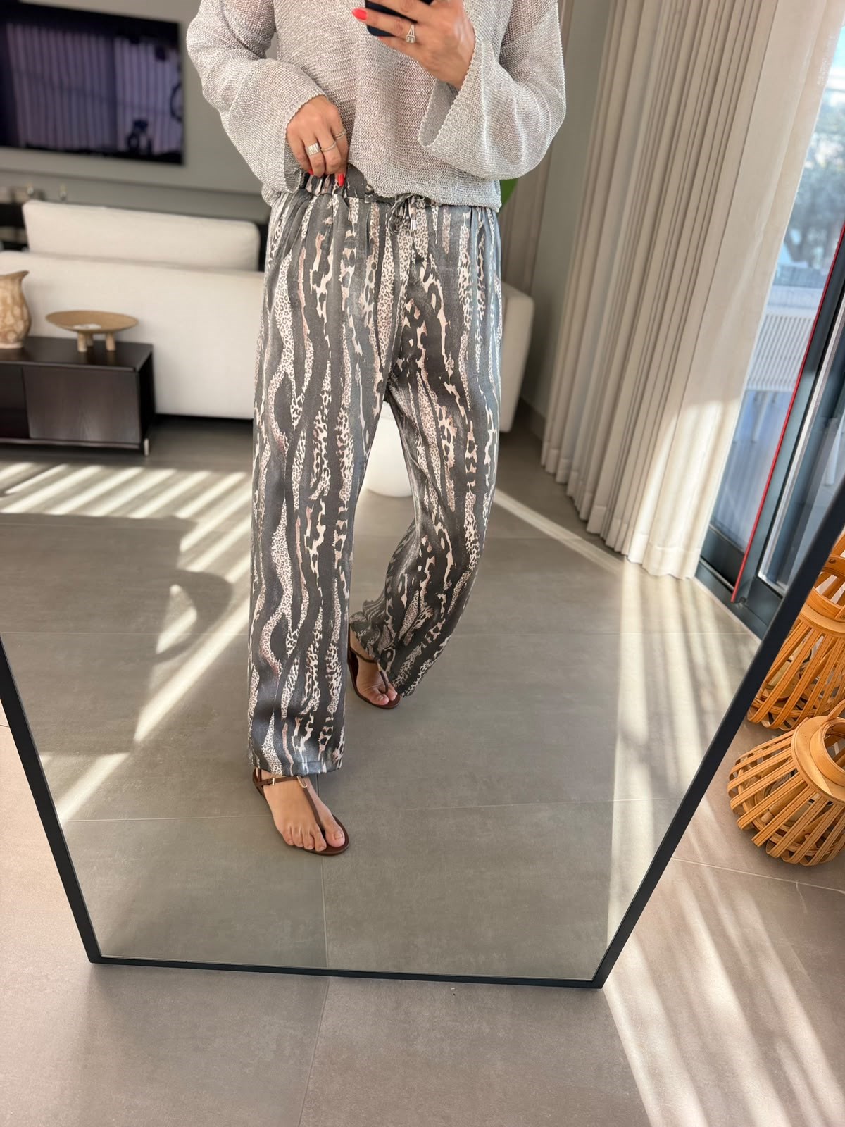 Leopar Saten Bel Bağlamalı Pantolon