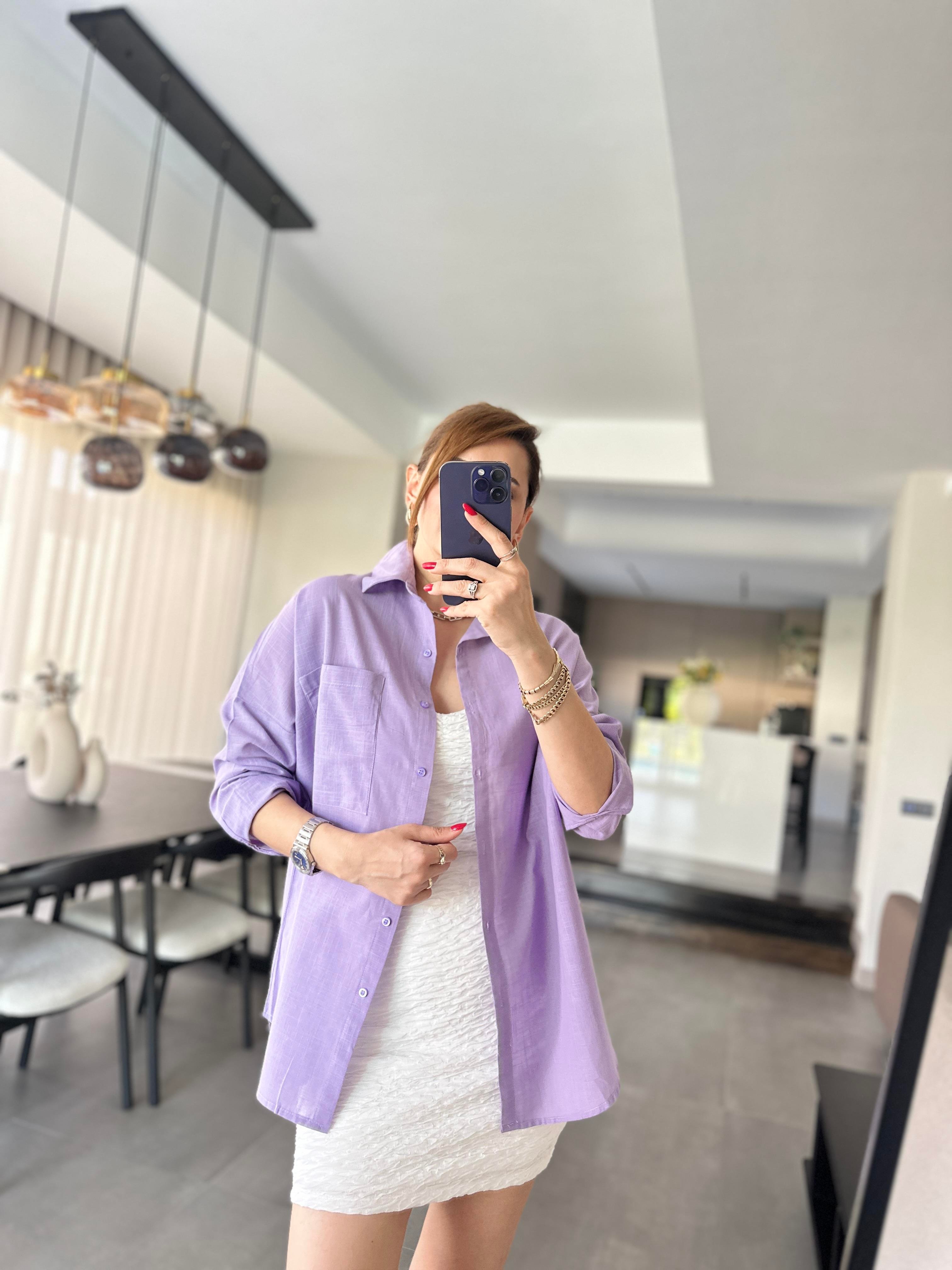 Lila Cep Detaylı Oversize Gömlek