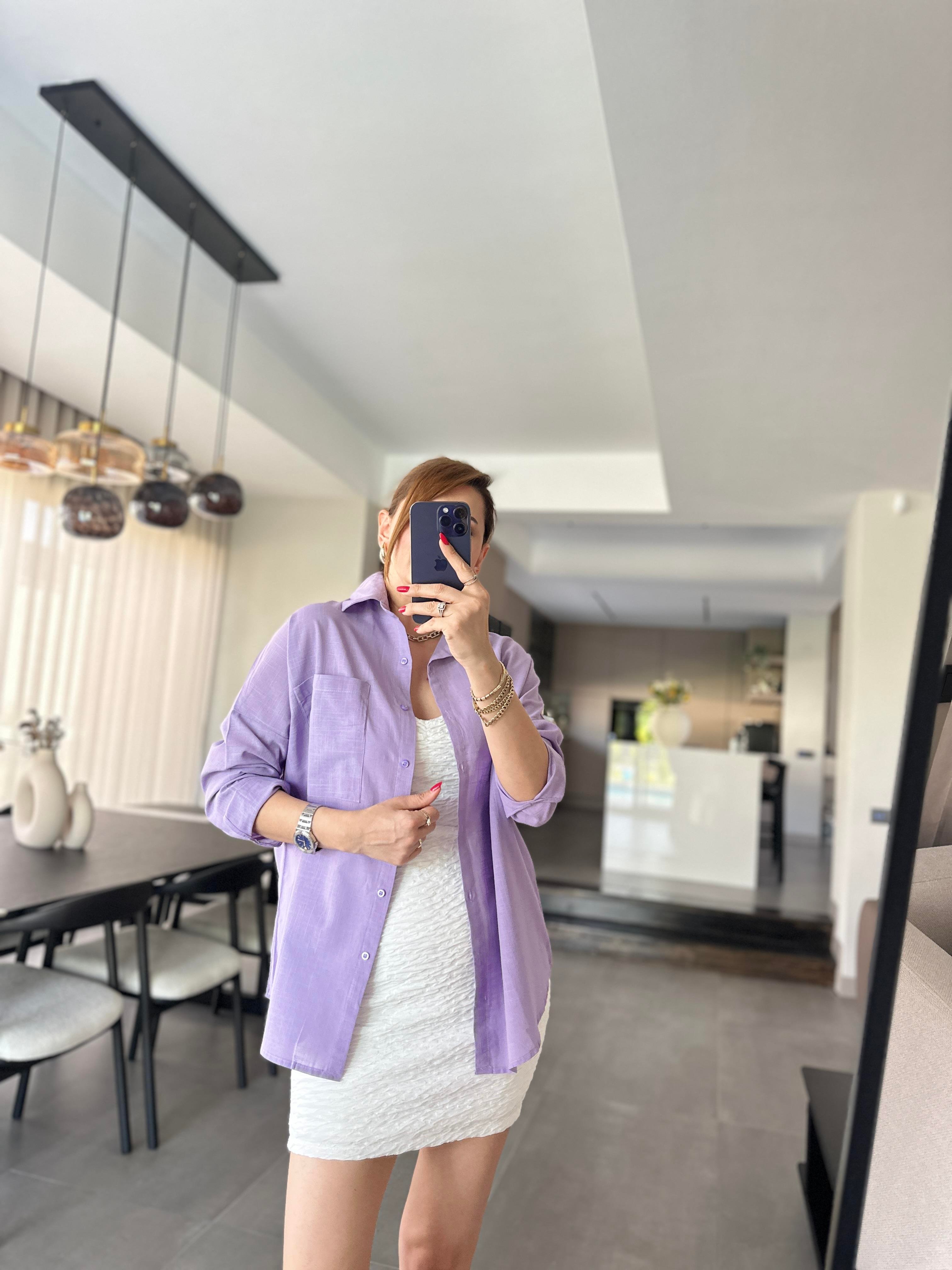 Lila Cep Detaylı Oversize Gömlek