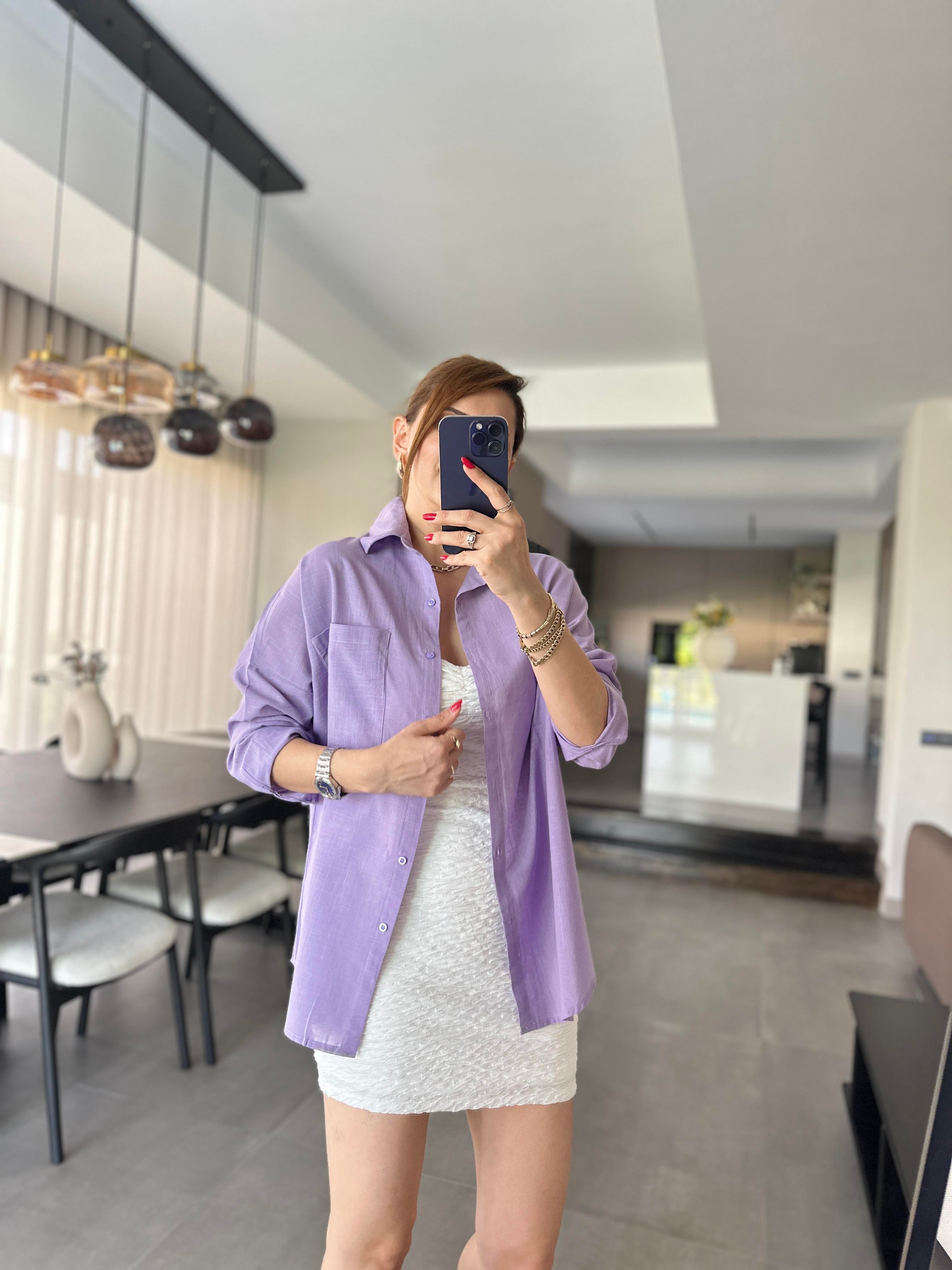 Lila Cep Detaylı Oversize Gömlek