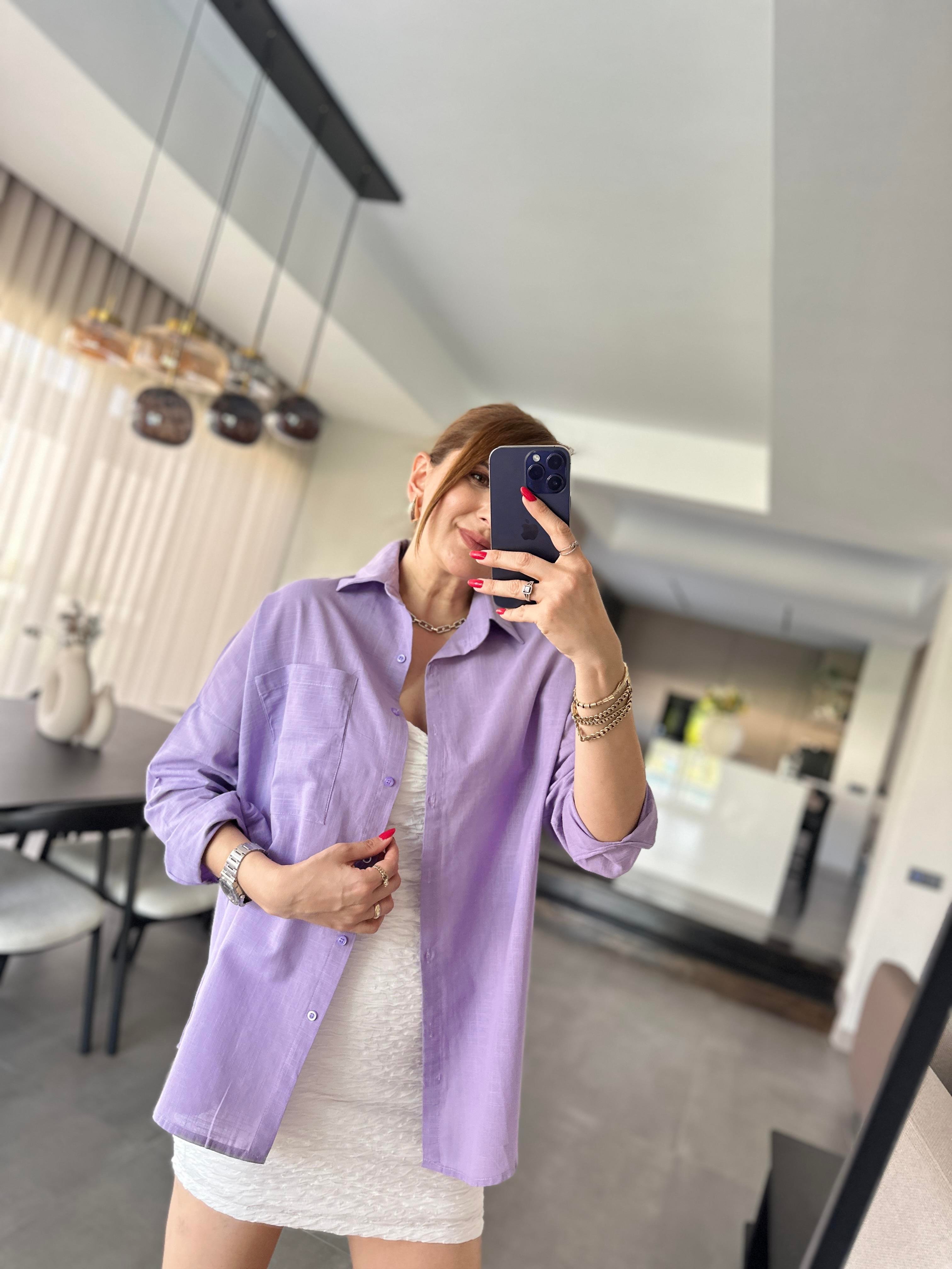 Lila Cep Detaylı Oversize Gömlek