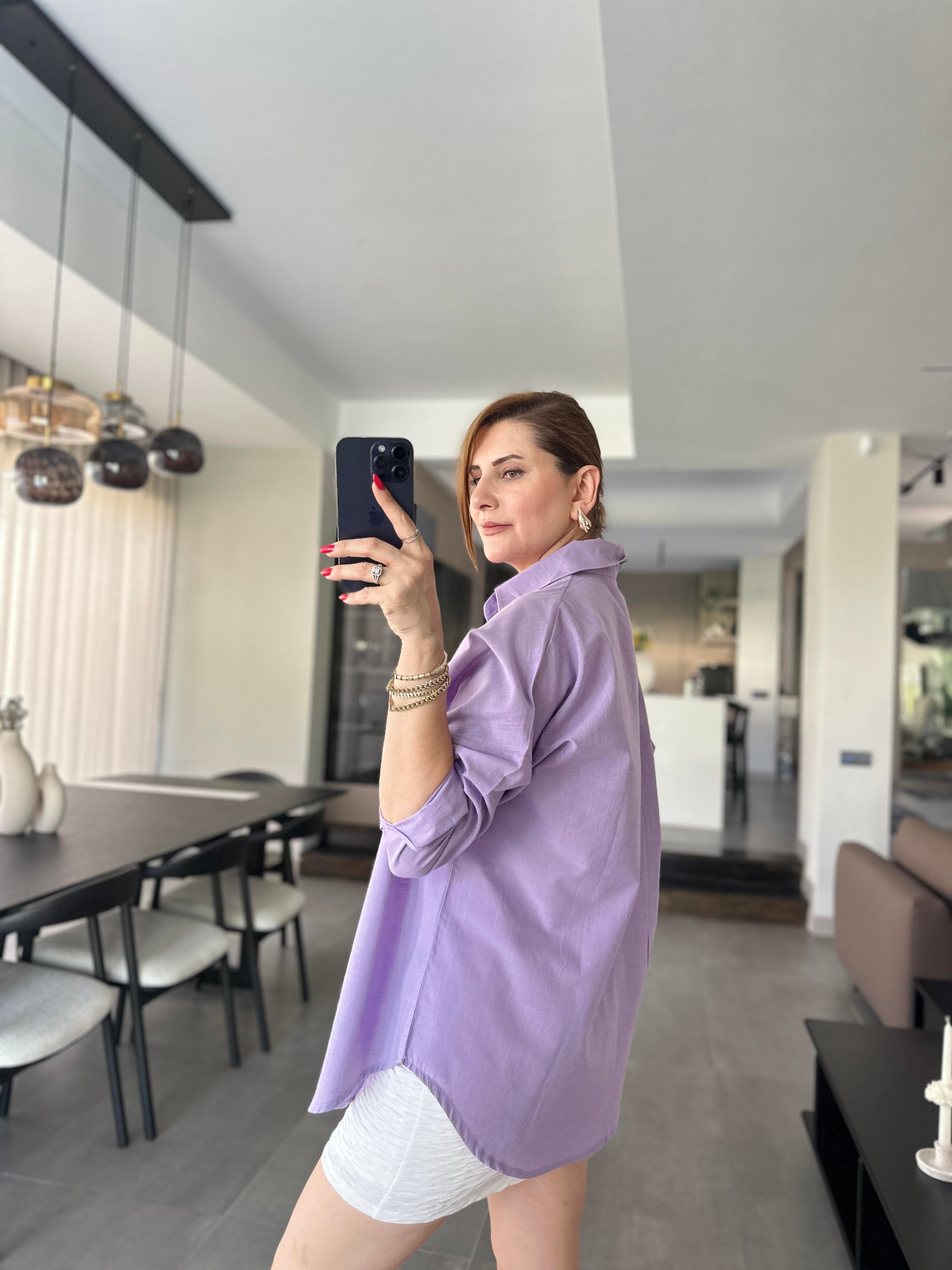 Lila Cep Detaylı Oversize Gömlek
