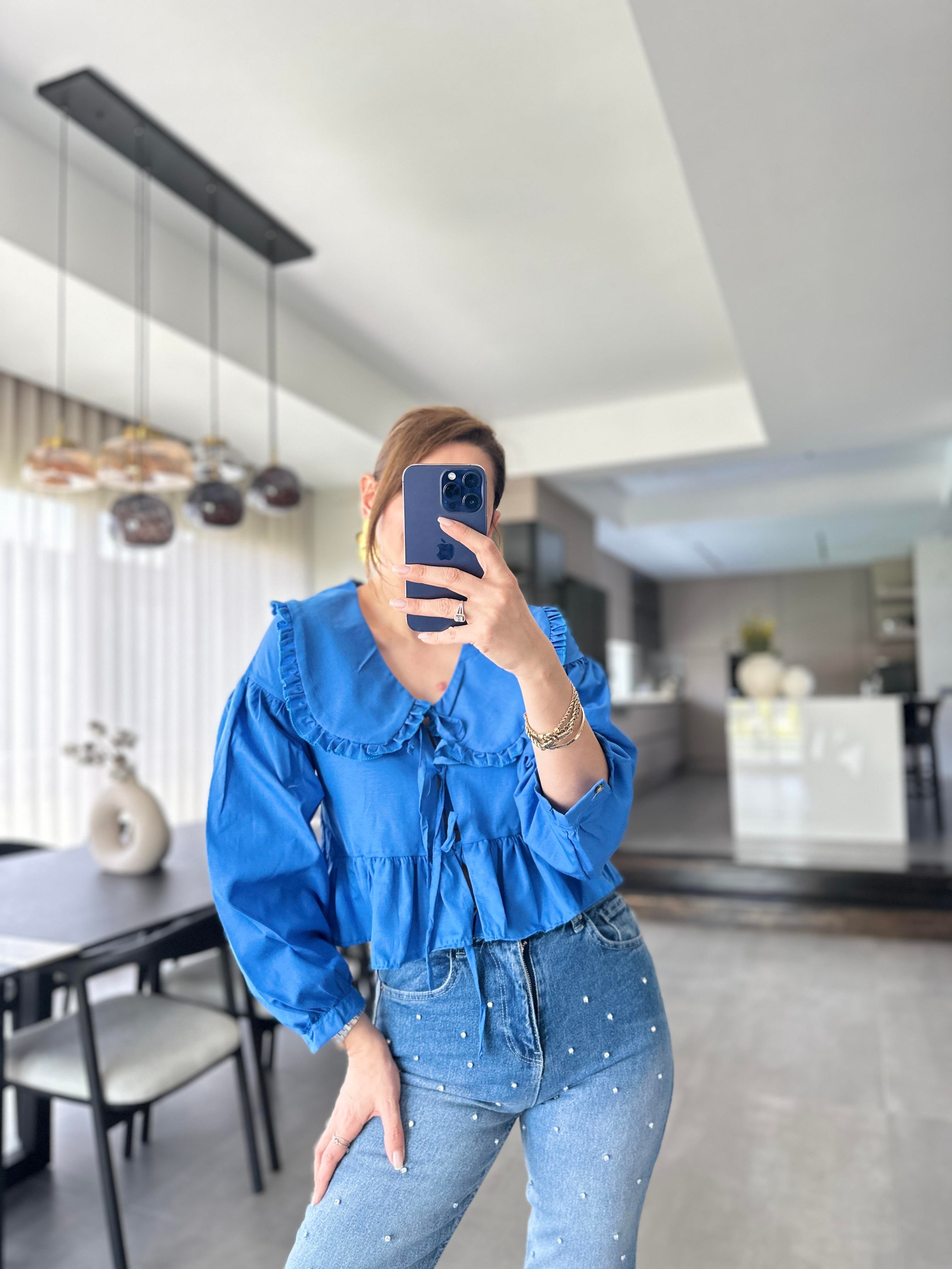 Mavi Apeldo Önü Bağlamalı Bluz