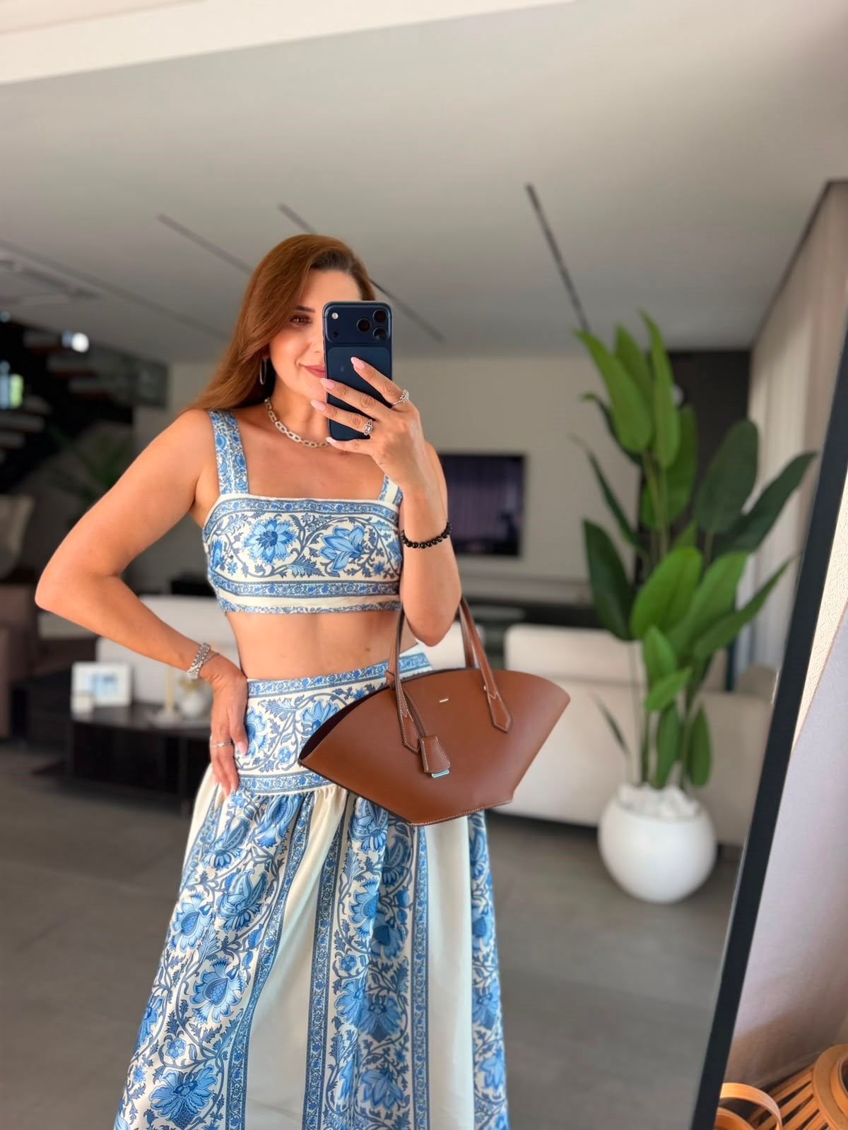 Mavi Aqua Desenli Crop Etek Takım