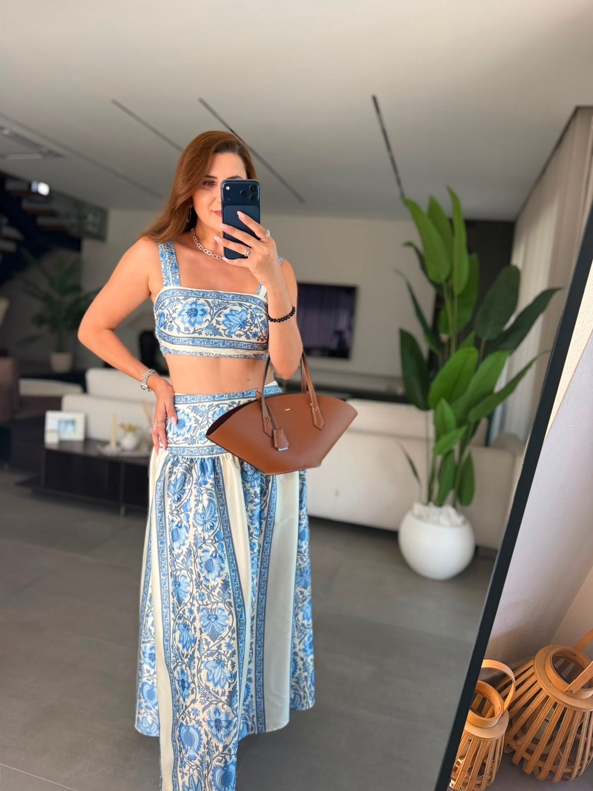 Mavi Aqua Desenli Crop Etek Takım