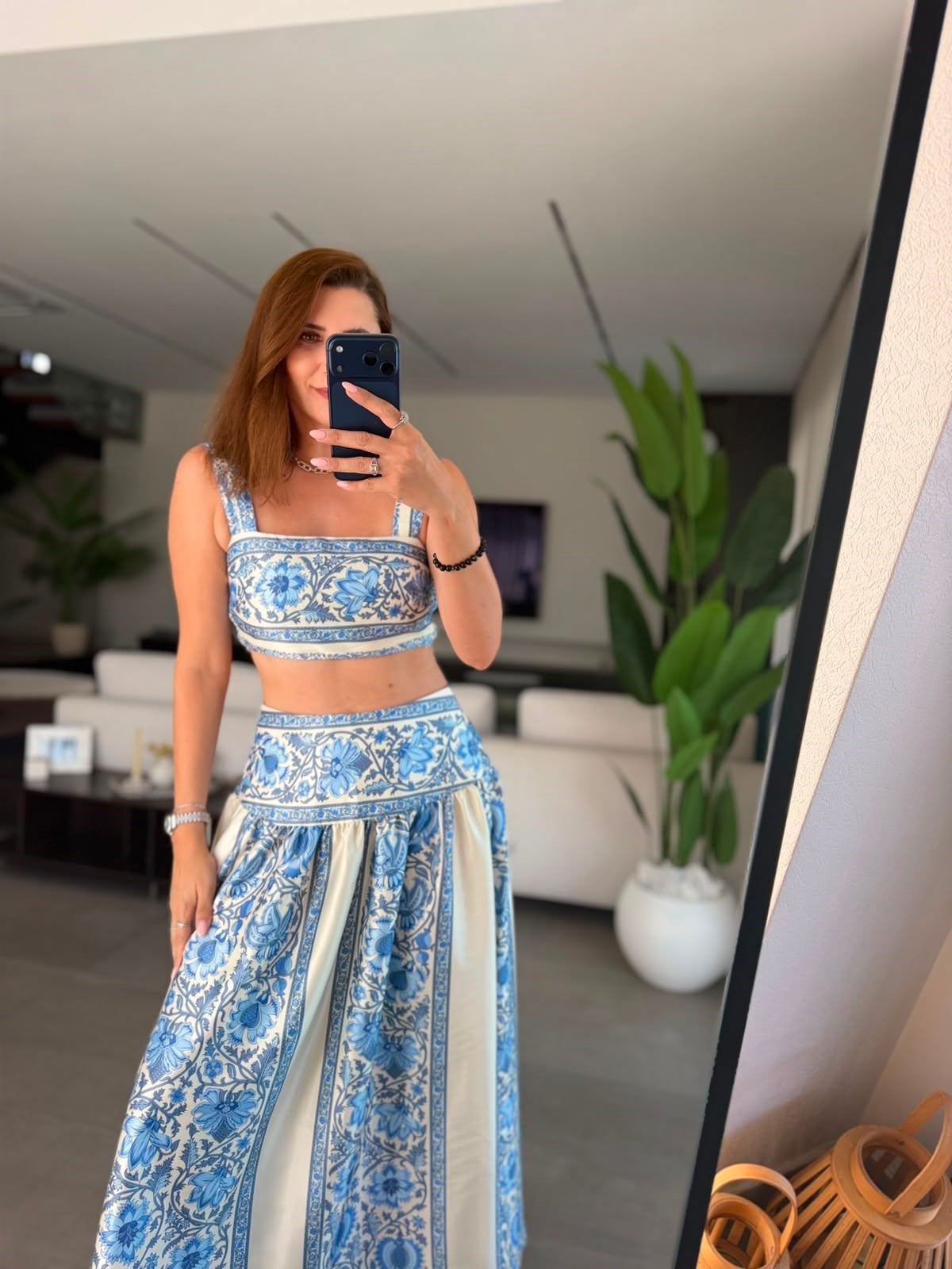 Mavi Aqua Desenli Crop Etek Takım