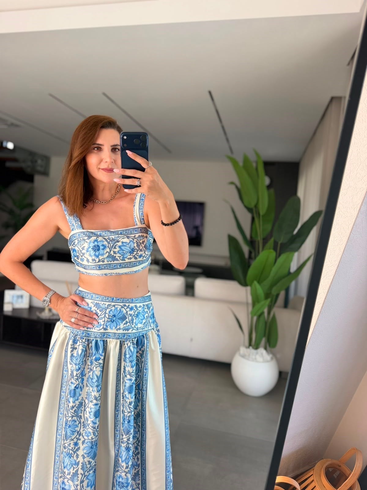 Mavi Aqua Desenli Crop Etek Takım