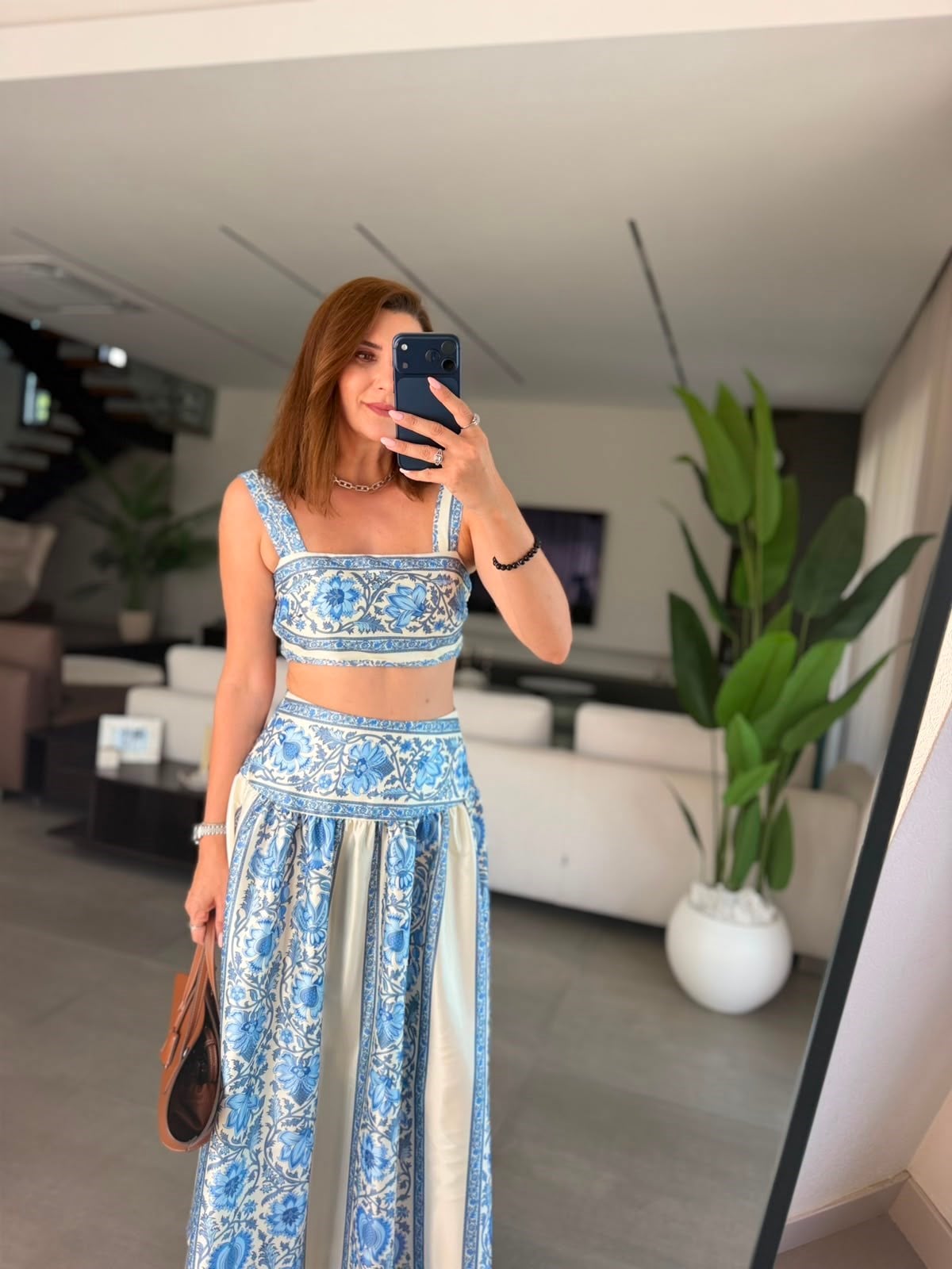 Mavi Aqua Desenli Crop Etek Takım