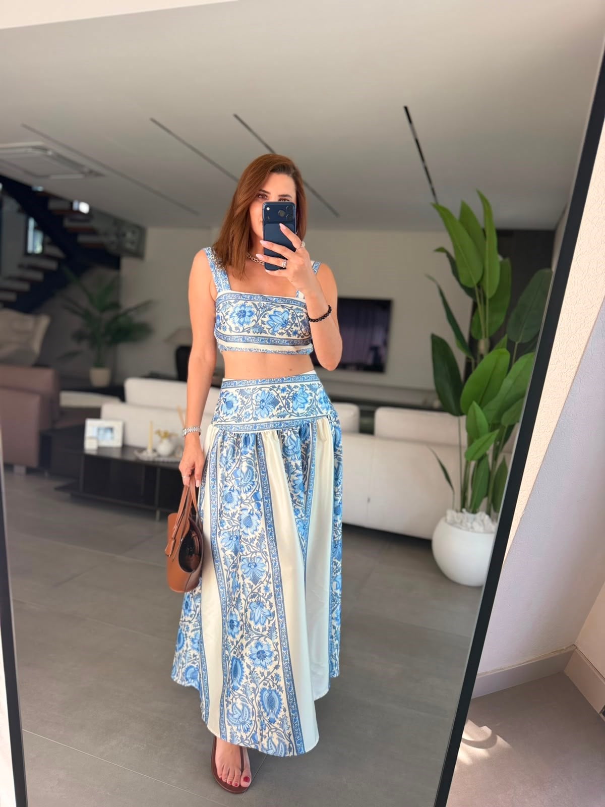 Mavi Aqua Desenli Crop Etek Takım